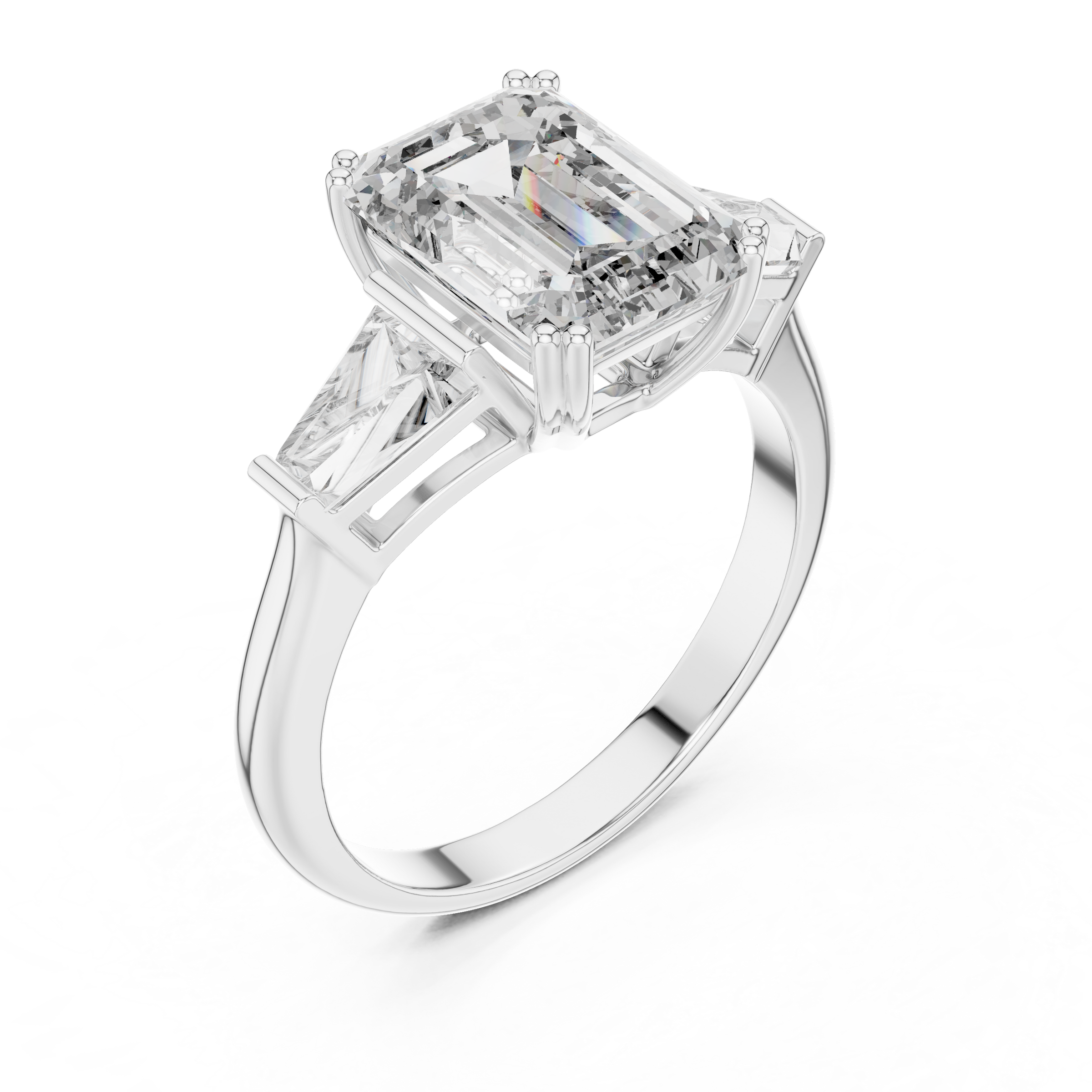 1–5 Carat Emerald Cut Lab-Grown Diamond Solitaire Trilogy Ring in 18K Gold – Tapered Baguette Side Stones