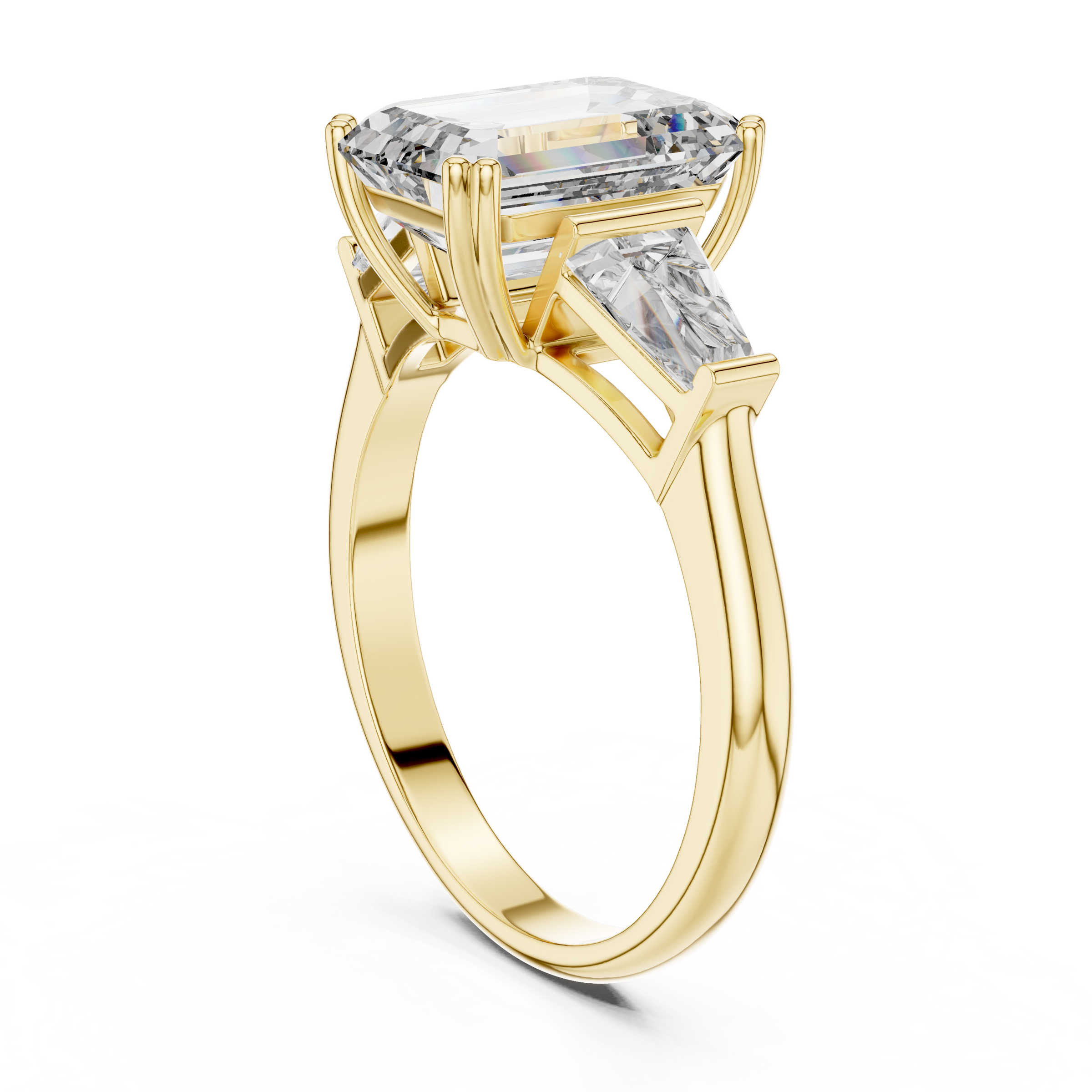 1–5 Carat Emerald Cut Lab-Grown Diamond Solitaire Trilogy Ring in 18K Gold – Tapered Baguette Side Stones