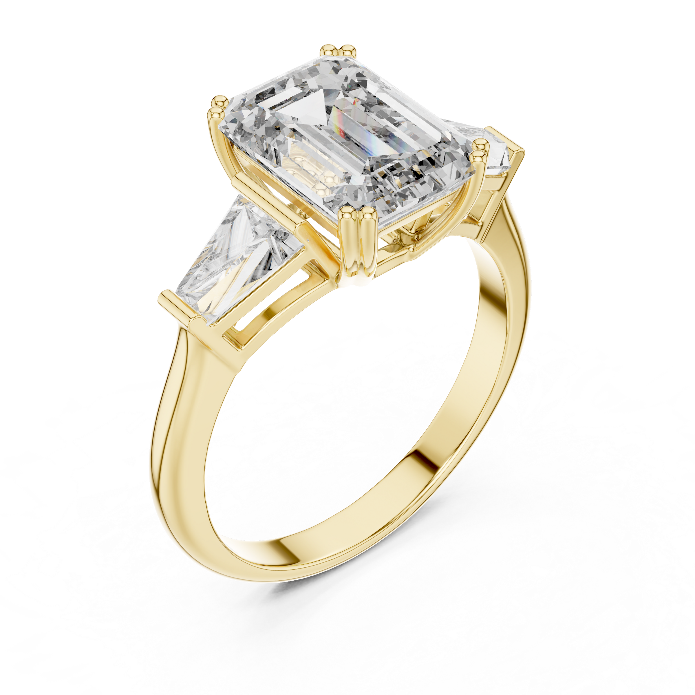 1–5 Carat Emerald Cut Lab-Grown Diamond Solitaire Trilogy Ring in 18K Gold – Tapered Baguette Side Stones