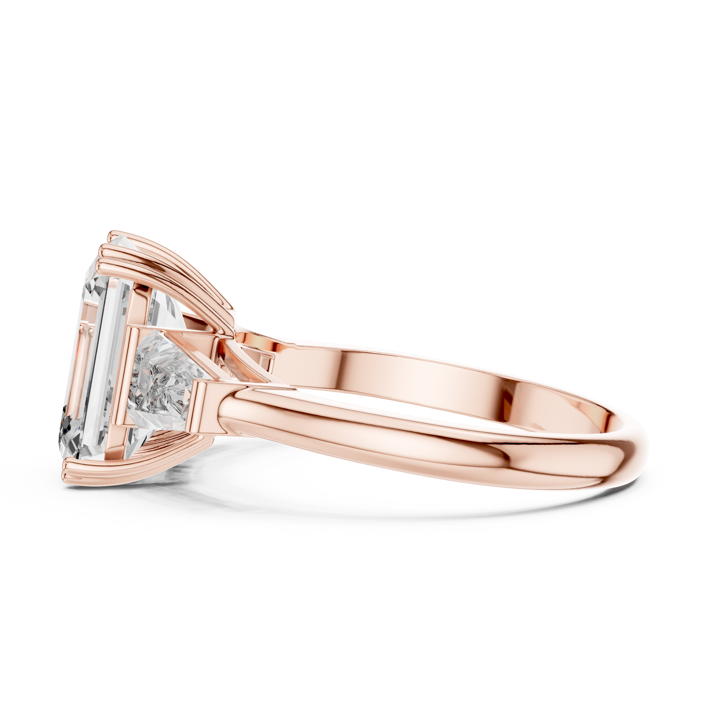 1–5 Carat Emerald Cut Lab-Grown Diamond Solitaire Trilogy Ring in 18K Gold – Tapered Baguette Side Stones