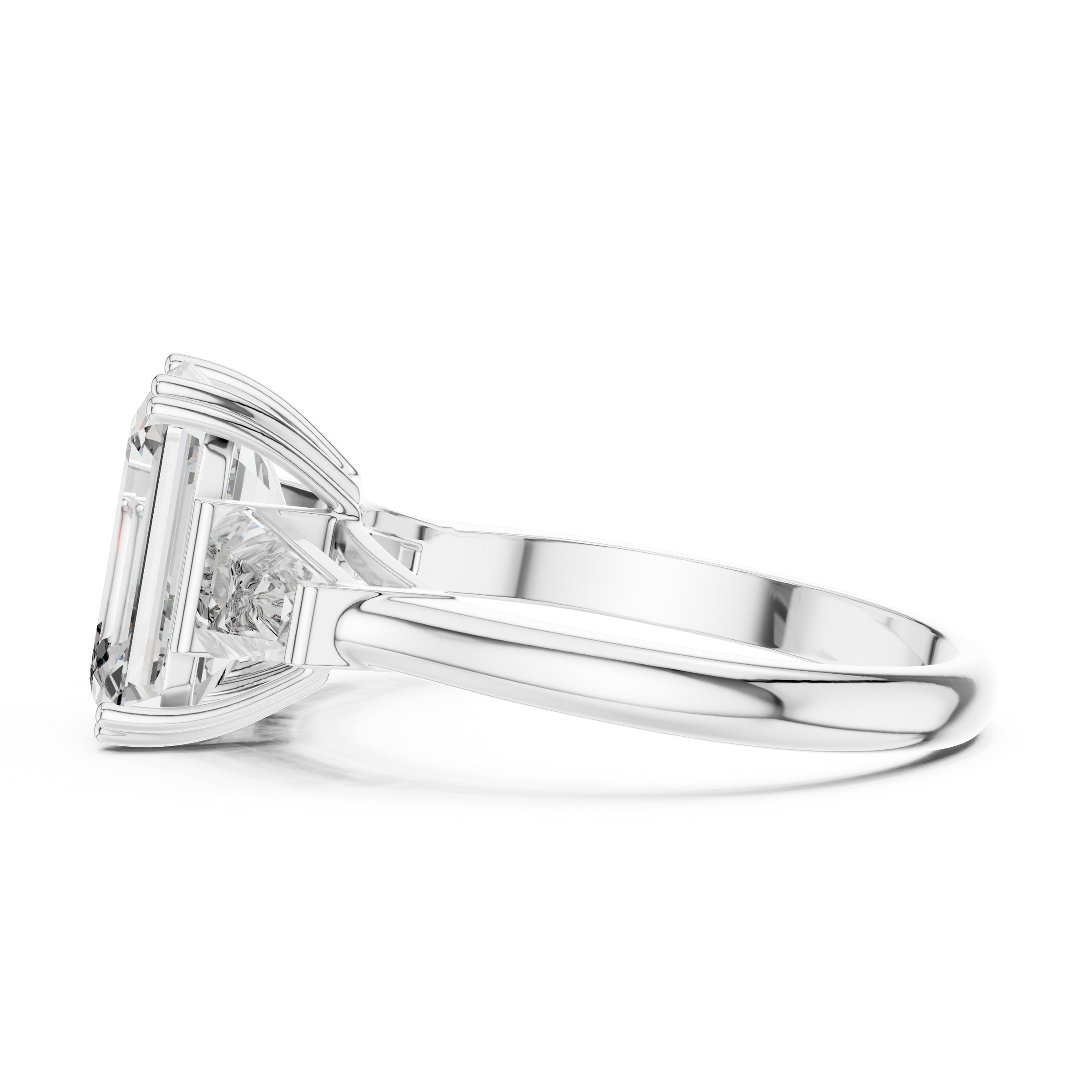 1–5 Carat Emerald Cut Lab-Grown Diamond Solitaire Trilogy Ring in 18K Gold – Tapered Baguette Side Stones