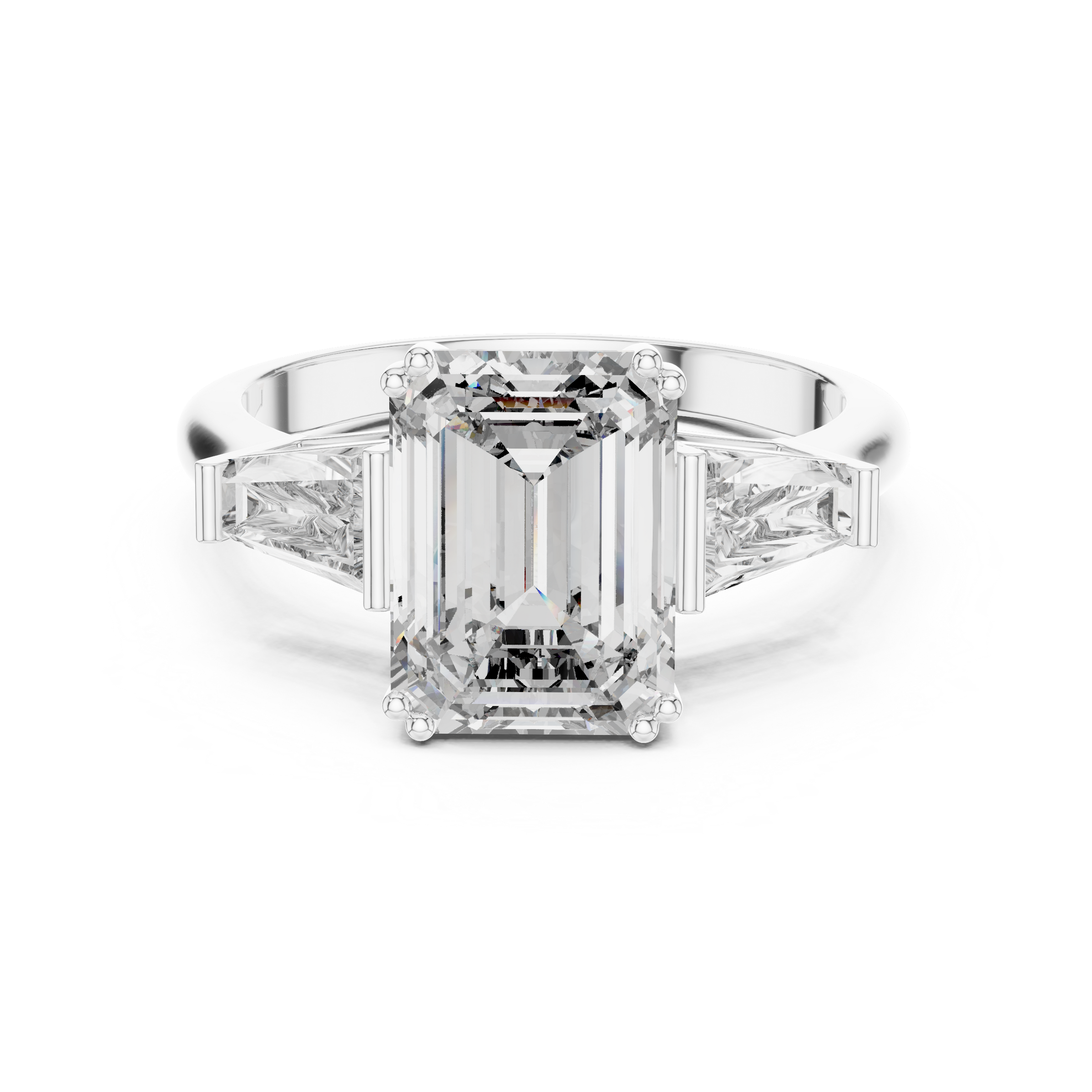 1–5 Carat Emerald Cut Lab-Grown Diamond Solitaire Trilogy Ring in 18K Gold – Tapered Baguette Side Stones