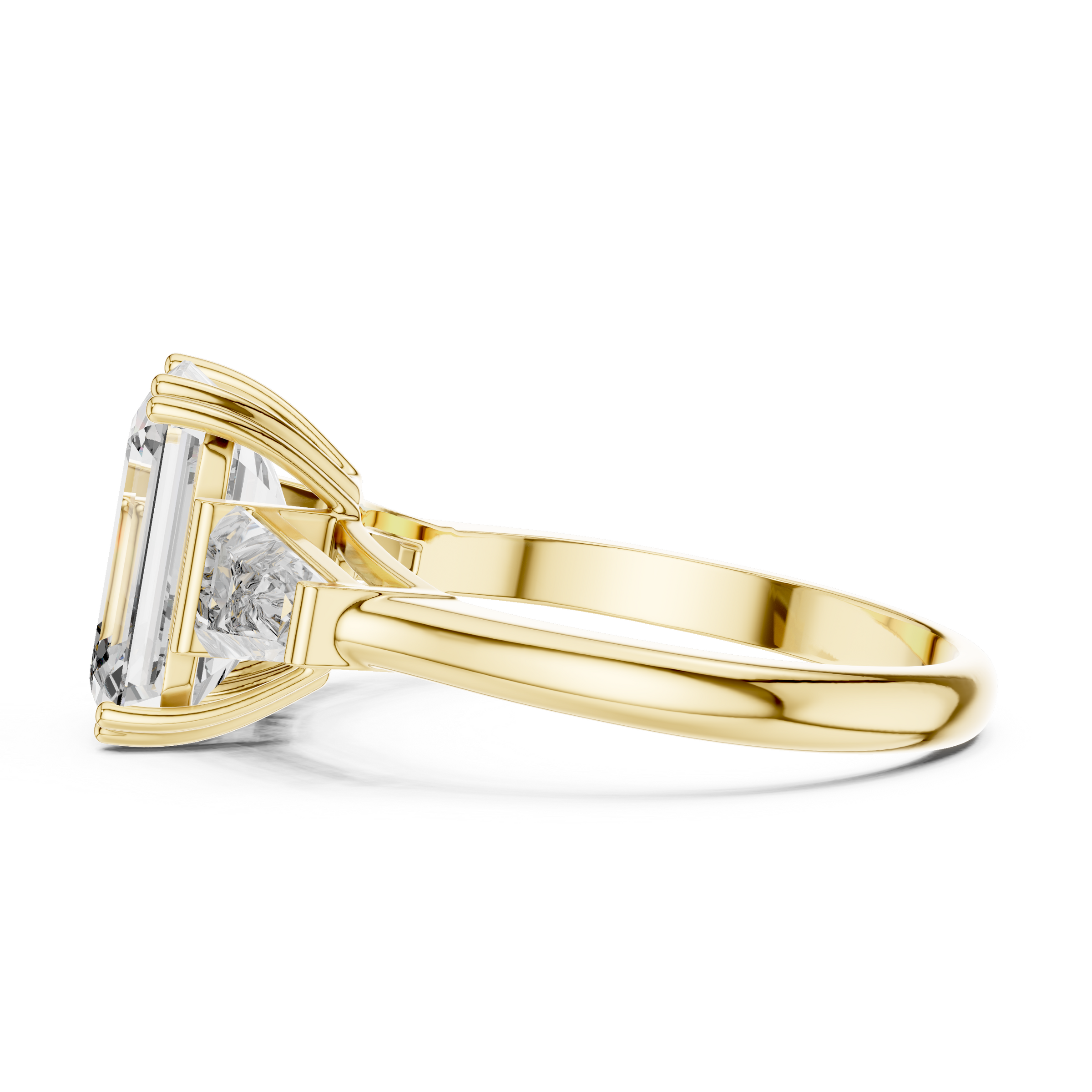 1–5 Carat Emerald Cut Lab-Grown Diamond Solitaire Trilogy Ring in 18K Gold – Tapered Baguette Side Stones