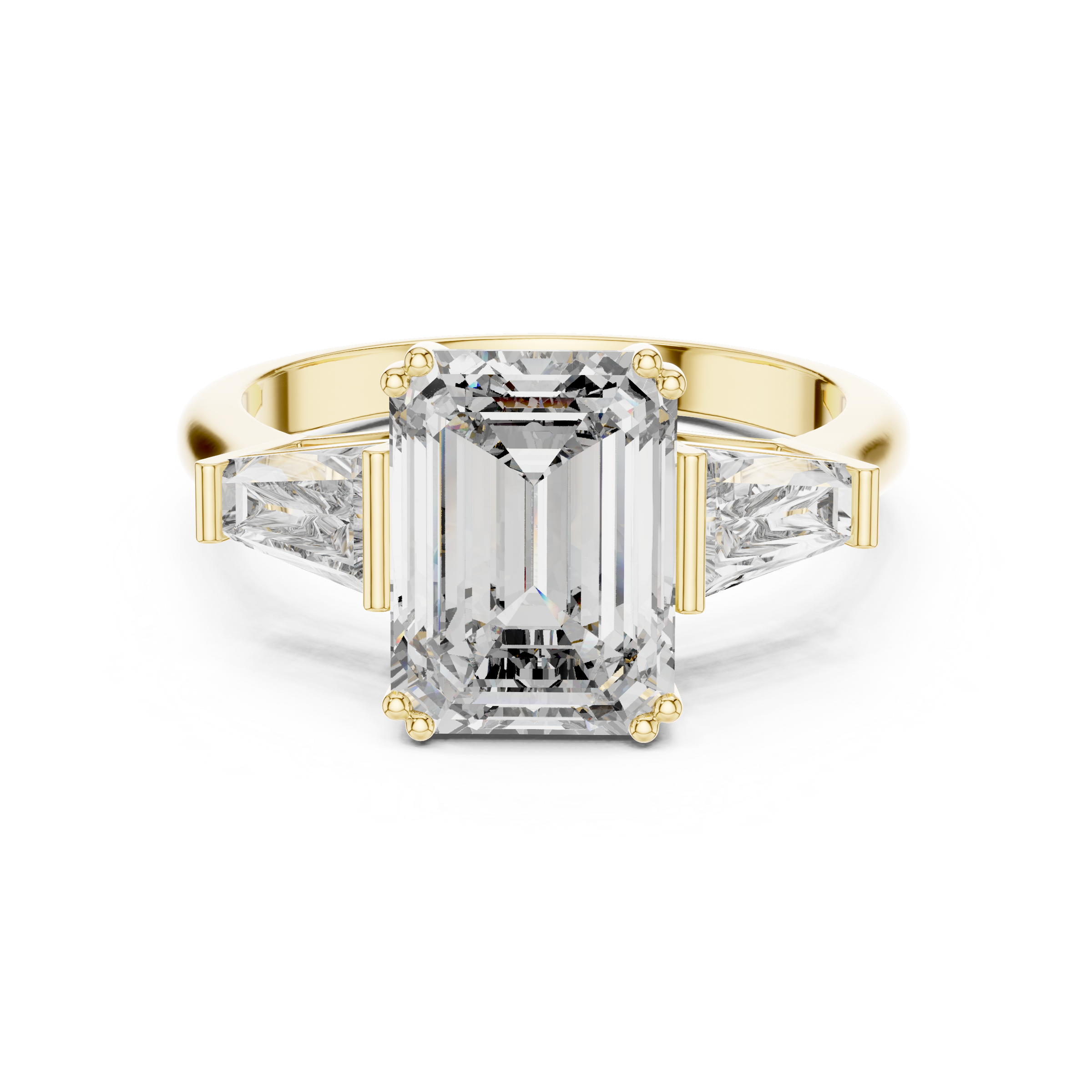 1–5 Carat Emerald Cut Lab-Grown Diamond Solitaire Trilogy Ring in 18K Gold – Tapered Baguette Side Stones