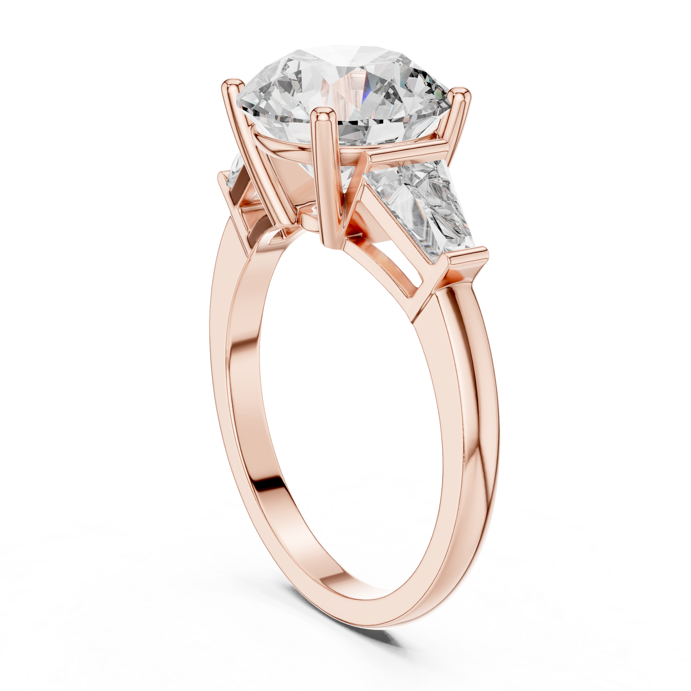 1–5 Carat Round Brilliant Cut Lab-Grown Diamond Solitaire Trilogy Ring in 18K Gold – Baguette Side Stones
