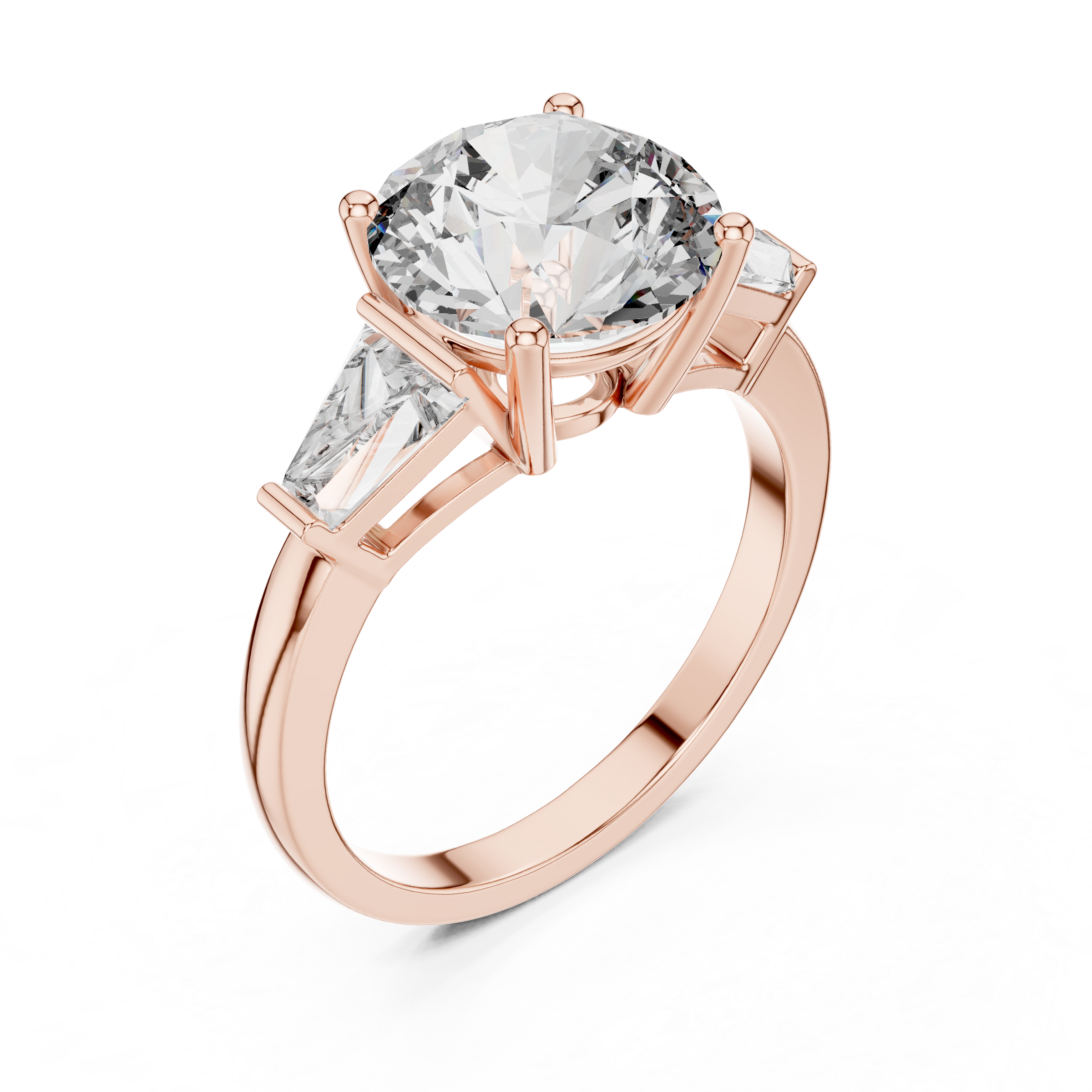 1–5 Carat Round Brilliant Cut Lab-Grown Diamond Solitaire Trilogy Ring in 18K Gold – Baguette Side Stones