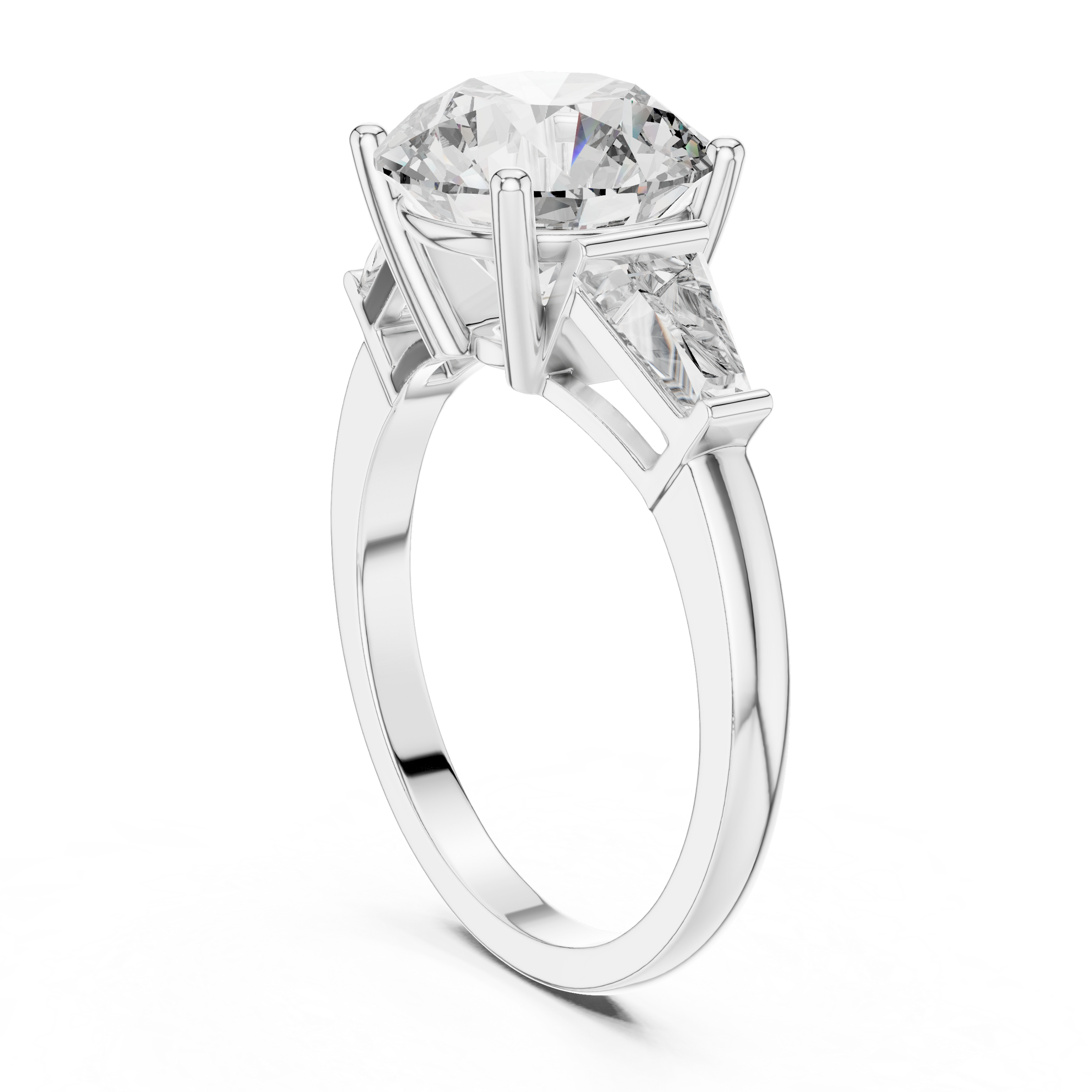 1–5 Carat Round Brilliant Cut Lab-Grown Diamond Solitaire Trilogy Ring in 18K Gold – Baguette Side Stones