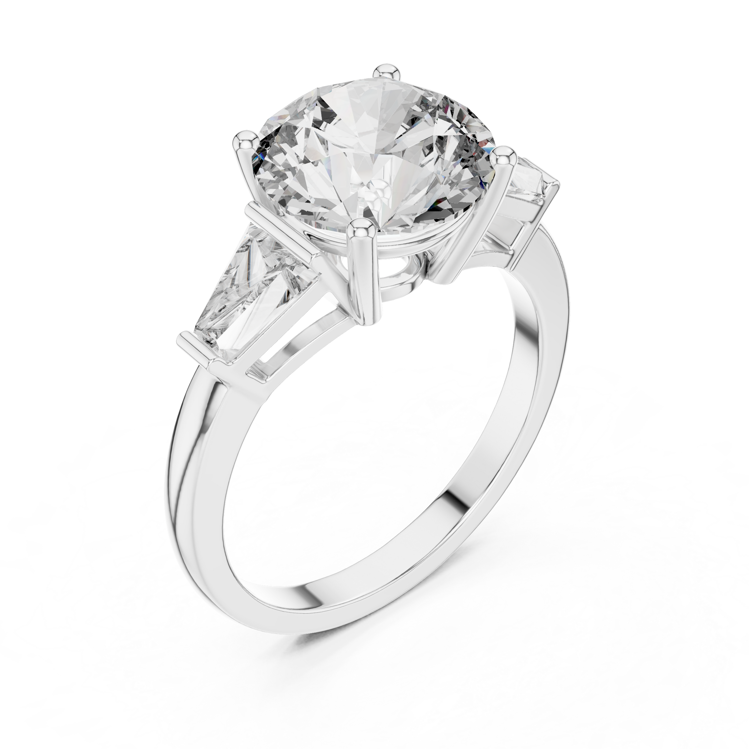 1–5 Carat Round Brilliant Cut Lab-Grown Diamond Solitaire Trilogy Ring in 18K Gold – Baguette Side Stones
