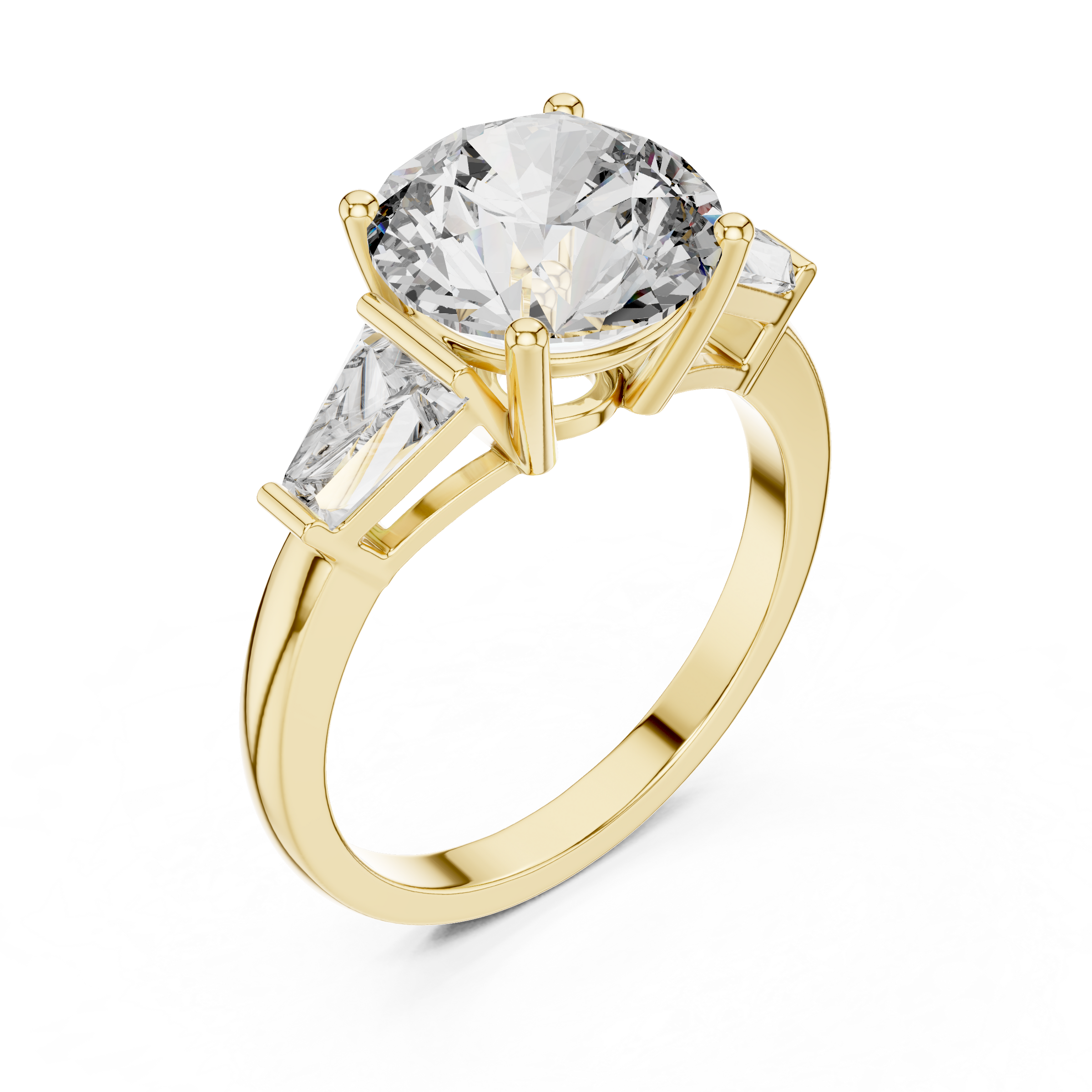 1–5 Carat Round Brilliant Cut Lab-Grown Diamond Solitaire Trilogy Ring in 18K Gold – Baguette Side Stones