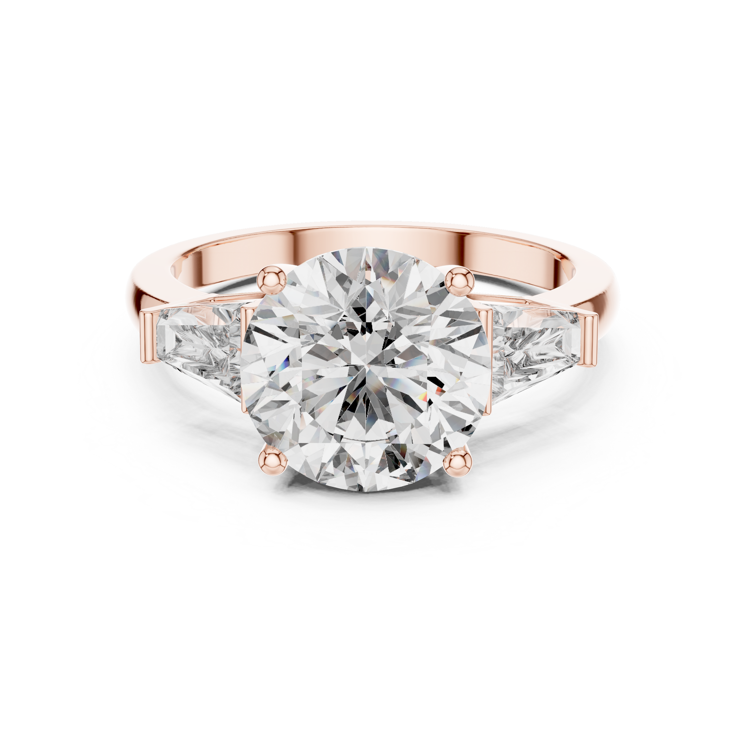 1–5 Carat Round Brilliant Cut Lab-Grown Diamond Solitaire Trilogy Ring in 18K Gold – Baguette Side Stones
