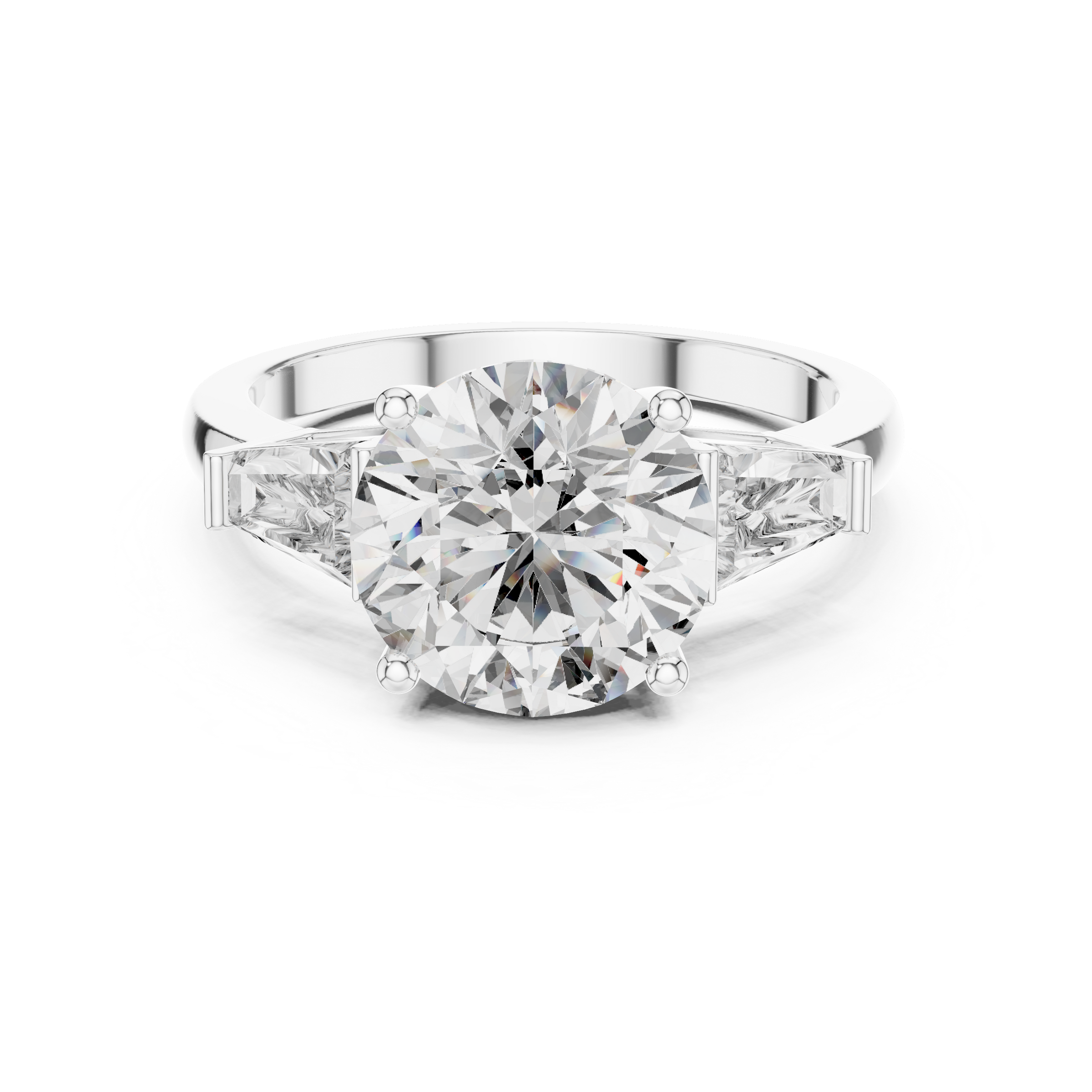 1–5 Carat Round Brilliant Cut Lab-Grown Diamond Solitaire Trilogy Ring in 18K Gold – Baguette Side Stones
