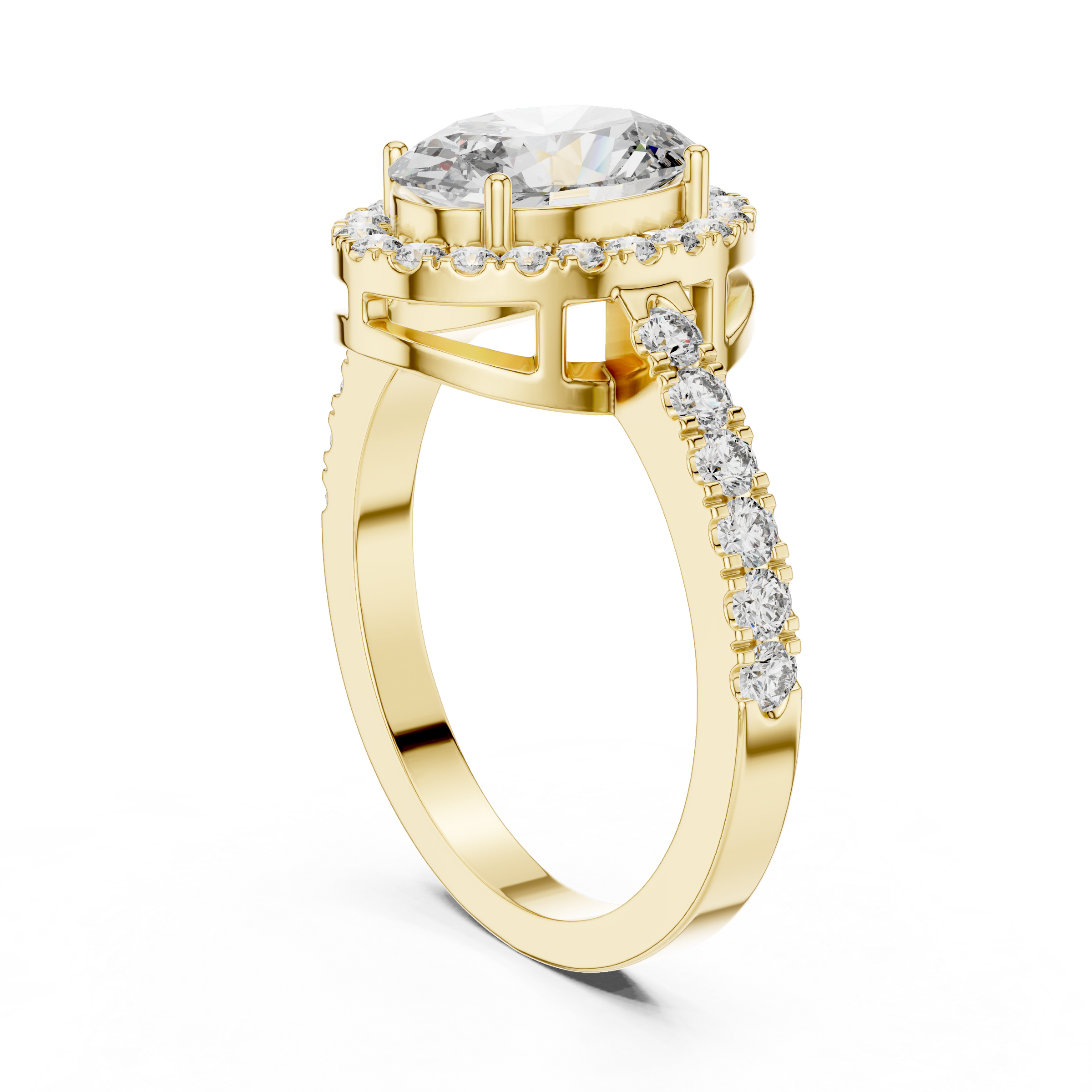1–3 Carat Oval Lab-Grown Diamond Halo Engagement Ring – Pave Band in 18K Gold