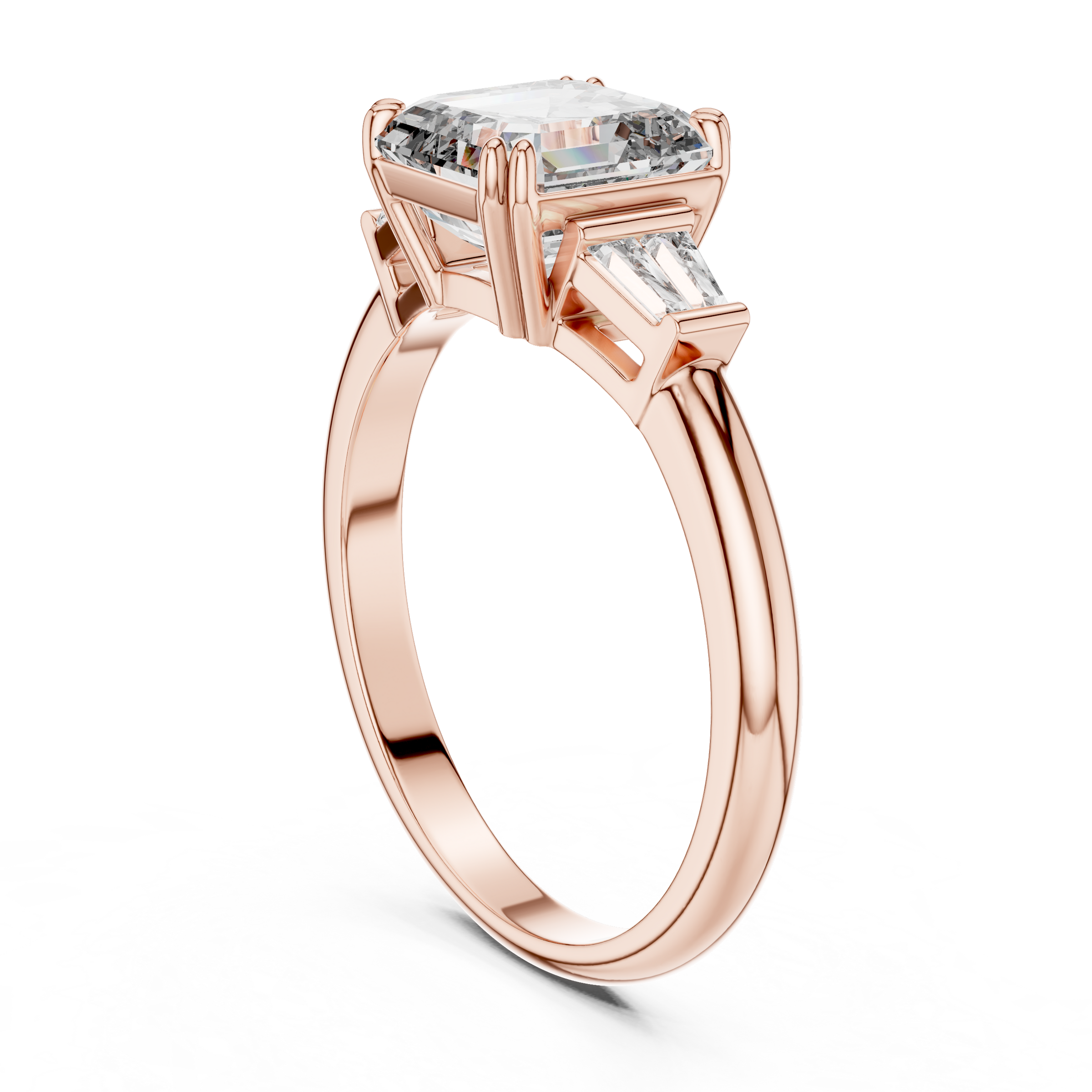 1–5 Carat Square Emerald Cut Lab-Grown Diamond Solitaire Trilogy Ring in 18K Gold – Baguette Side Stones