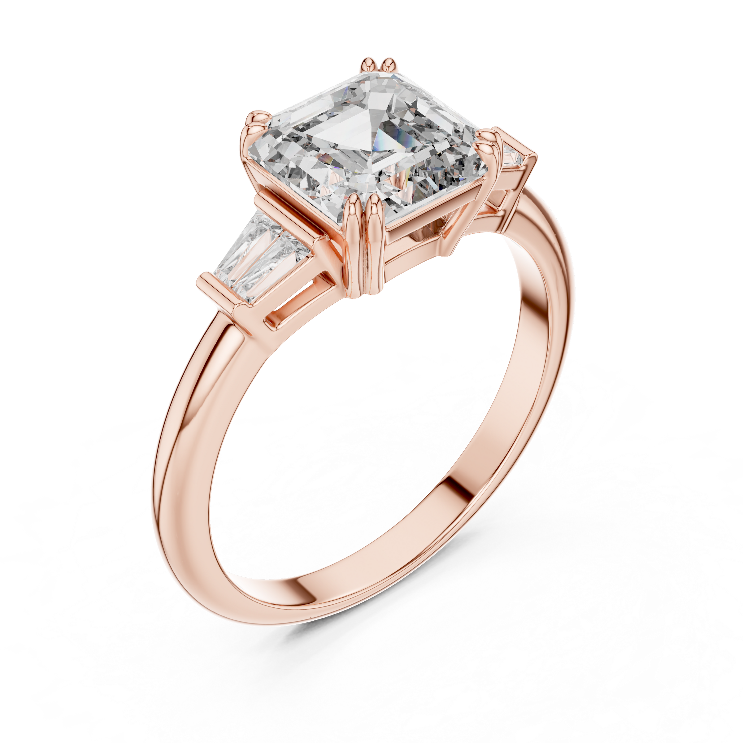 1–5 Carat Square Emerald Cut Lab-Grown Diamond Solitaire Trilogy Ring in 18K Gold – Baguette Side Stones