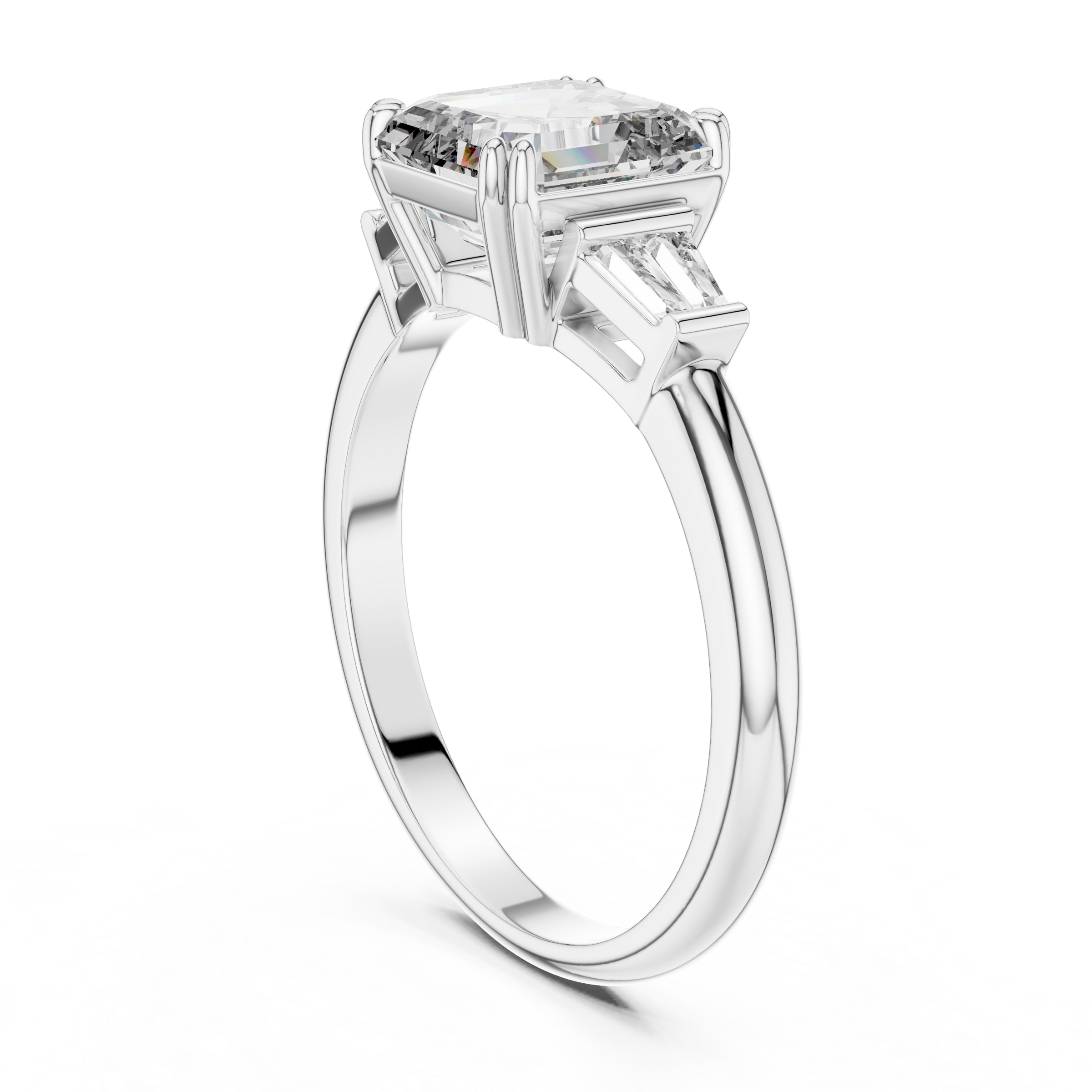 1–5 Carat Square Emerald Cut Lab-Grown Diamond Solitaire Trilogy Ring in 18K Gold – Baguette Side Stones
