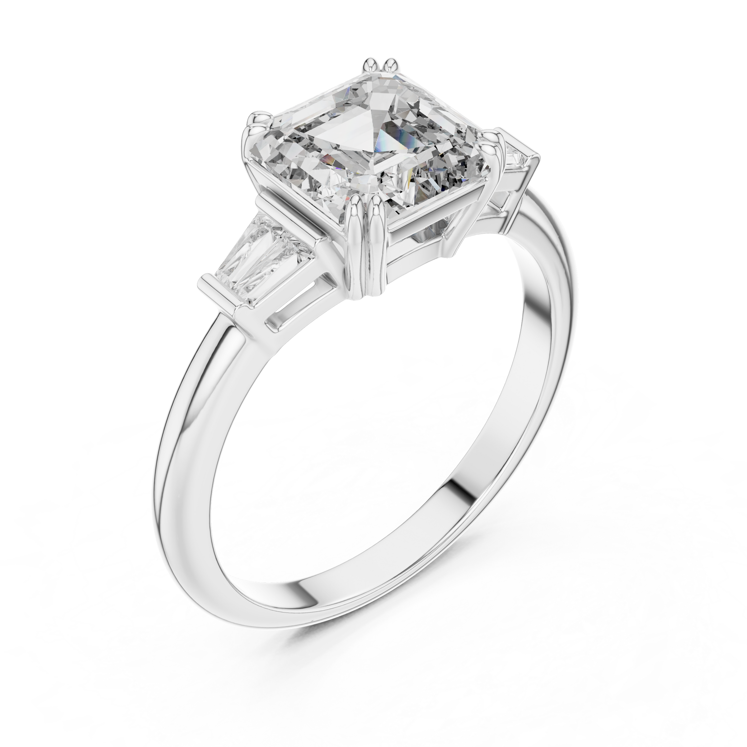 1–5 Carat Square Emerald Cut Lab-Grown Diamond Solitaire Trilogy Ring in 18K Gold – Baguette Side Stones