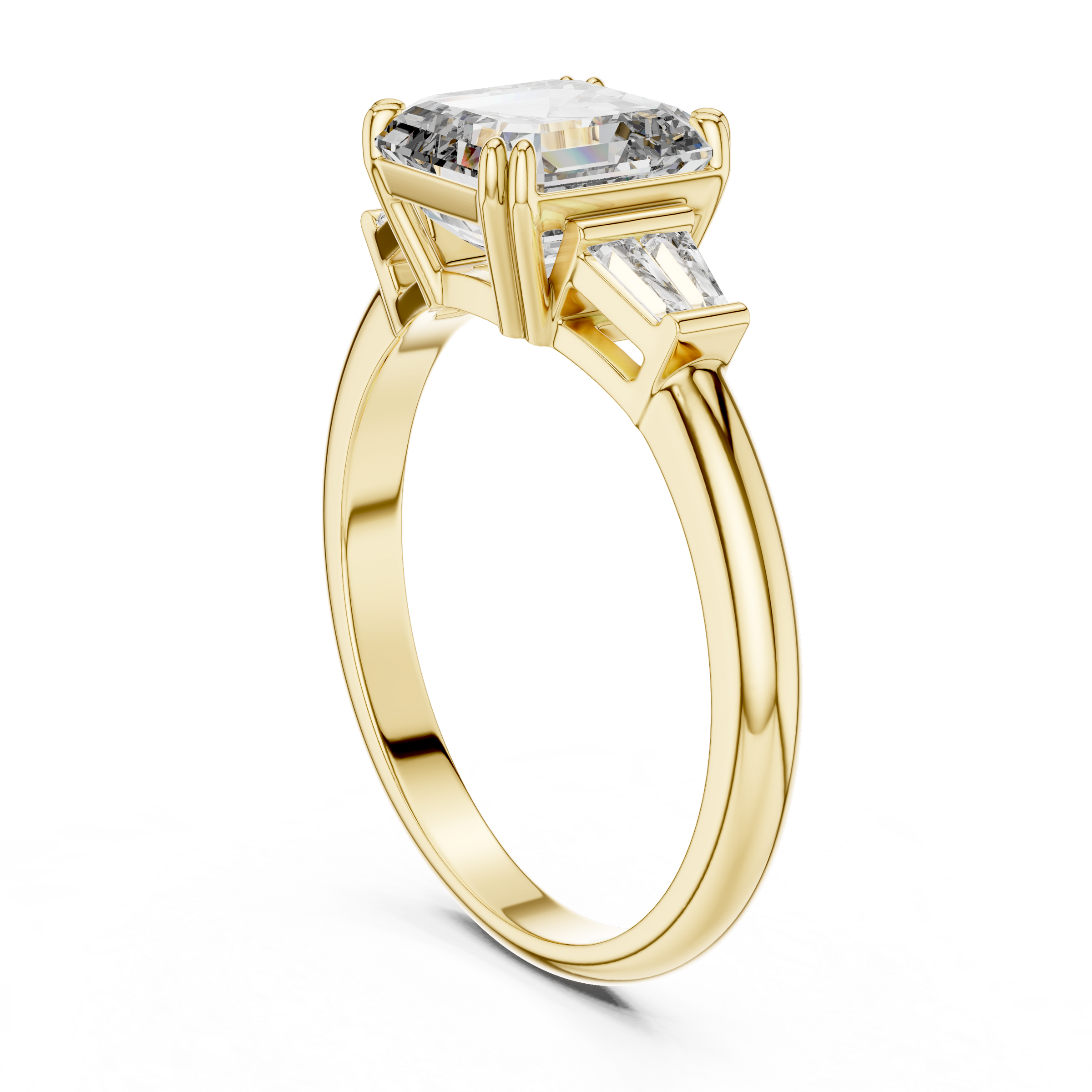 1–5 Carat Square Emerald Cut Lab-Grown Diamond Solitaire Trilogy Ring in 18K Gold – Baguette Side Stones