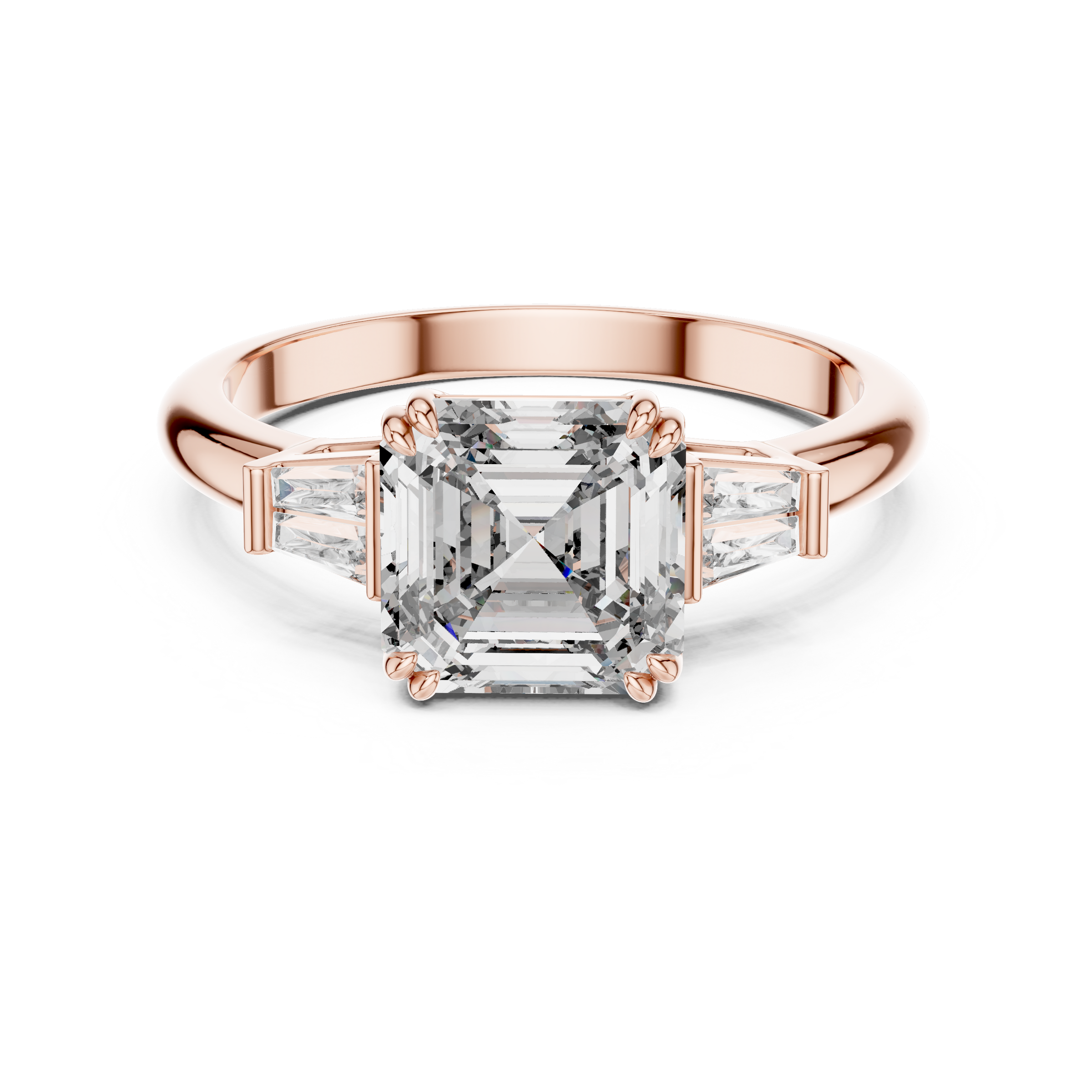 1–5 Carat Square Emerald Cut Lab-Grown Diamond Solitaire Trilogy Ring in 18K Gold – Baguette Side Stones