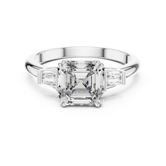 1–5 Carat Square Emerald Cut Lab-Grown Diamond Solitaire Trilogy Ring in 18K Gold – Baguette Side Stones