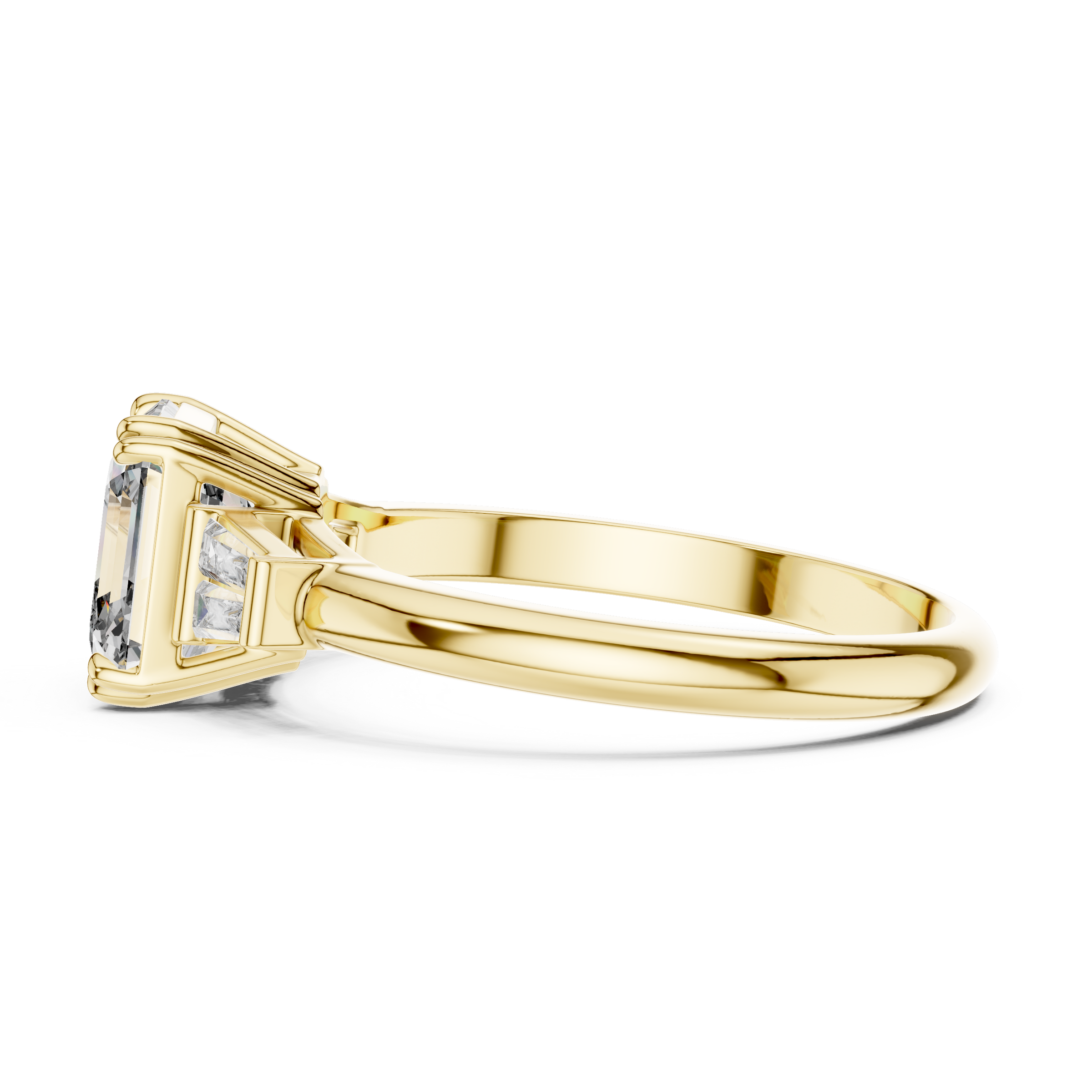 1–5 Carat Square Emerald Cut Lab-Grown Diamond Solitaire Trilogy Ring in 18K Gold – Baguette Side Stones