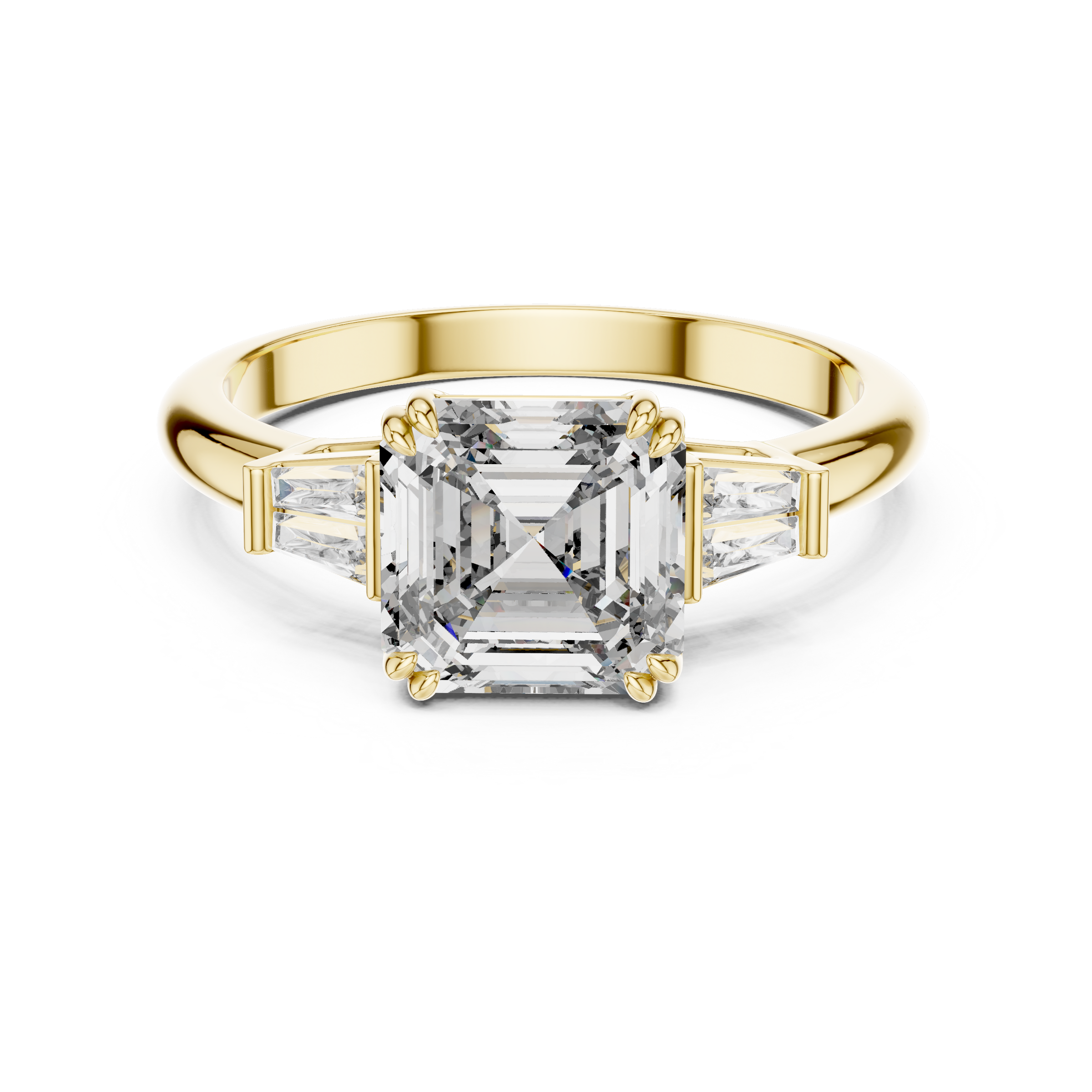 1–5 Carat Square Emerald Cut Lab-Grown Diamond Solitaire Trilogy Ring in 18K Gold – Baguette Side Stones
