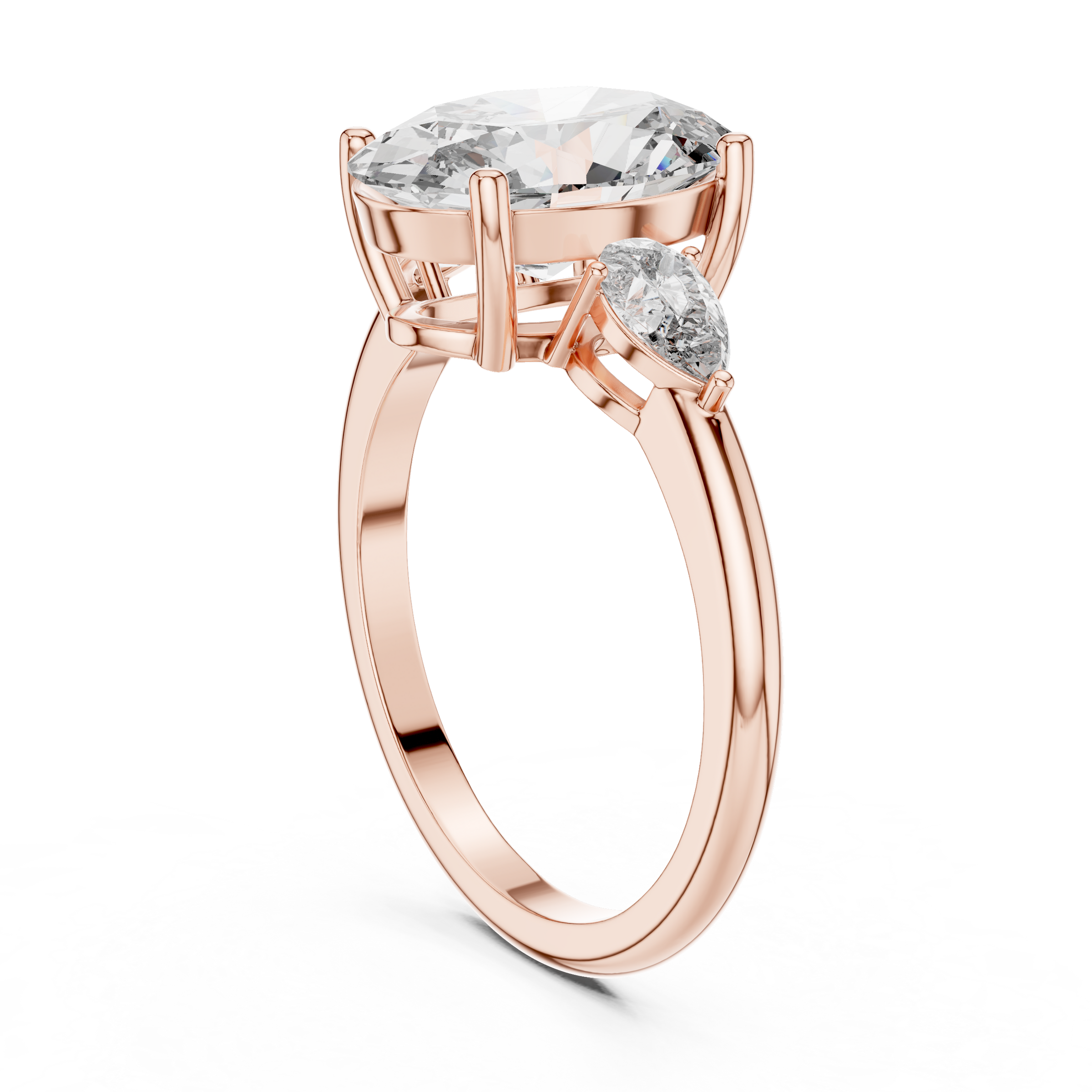 1–5 Carat Oval Cut Lab-Grown Diamond Solitaire Trilogy Ring in 18K Gold – Pear Side Stones