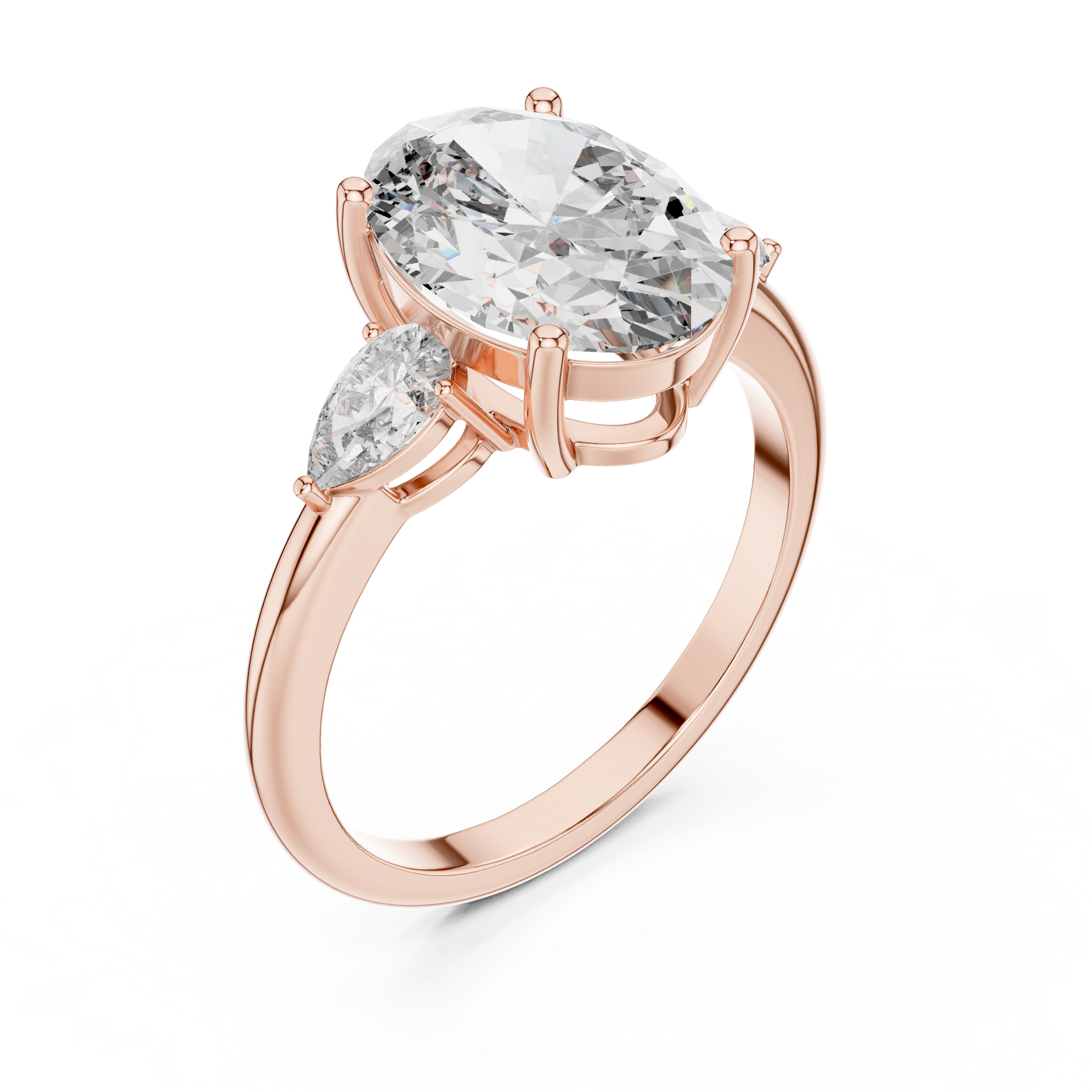 1–5 Carat Oval Cut Lab-Grown Diamond Solitaire Trilogy Ring in 18K Gold – Pear Side Stones