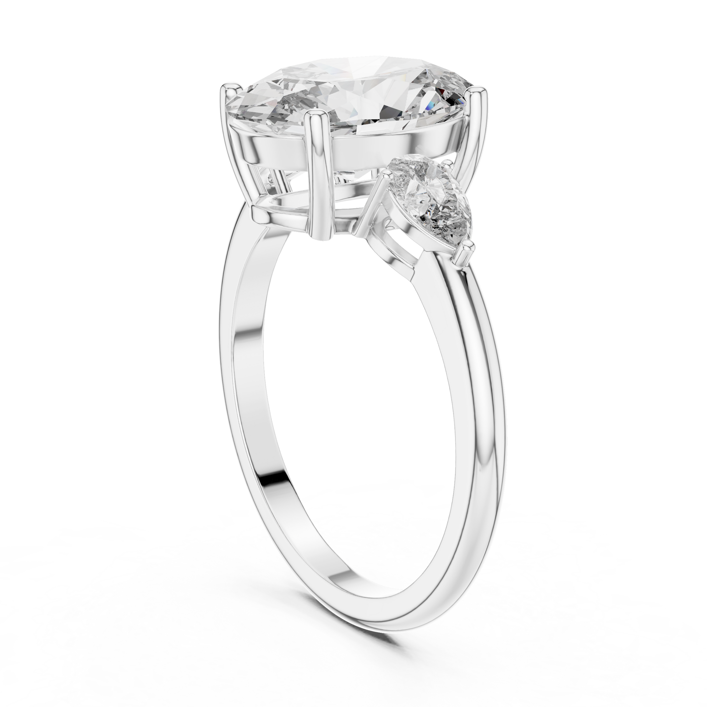 1–5 Carat Oval Cut Lab-Grown Diamond Solitaire Trilogy Ring in 18K Gold – Pear Side Stones