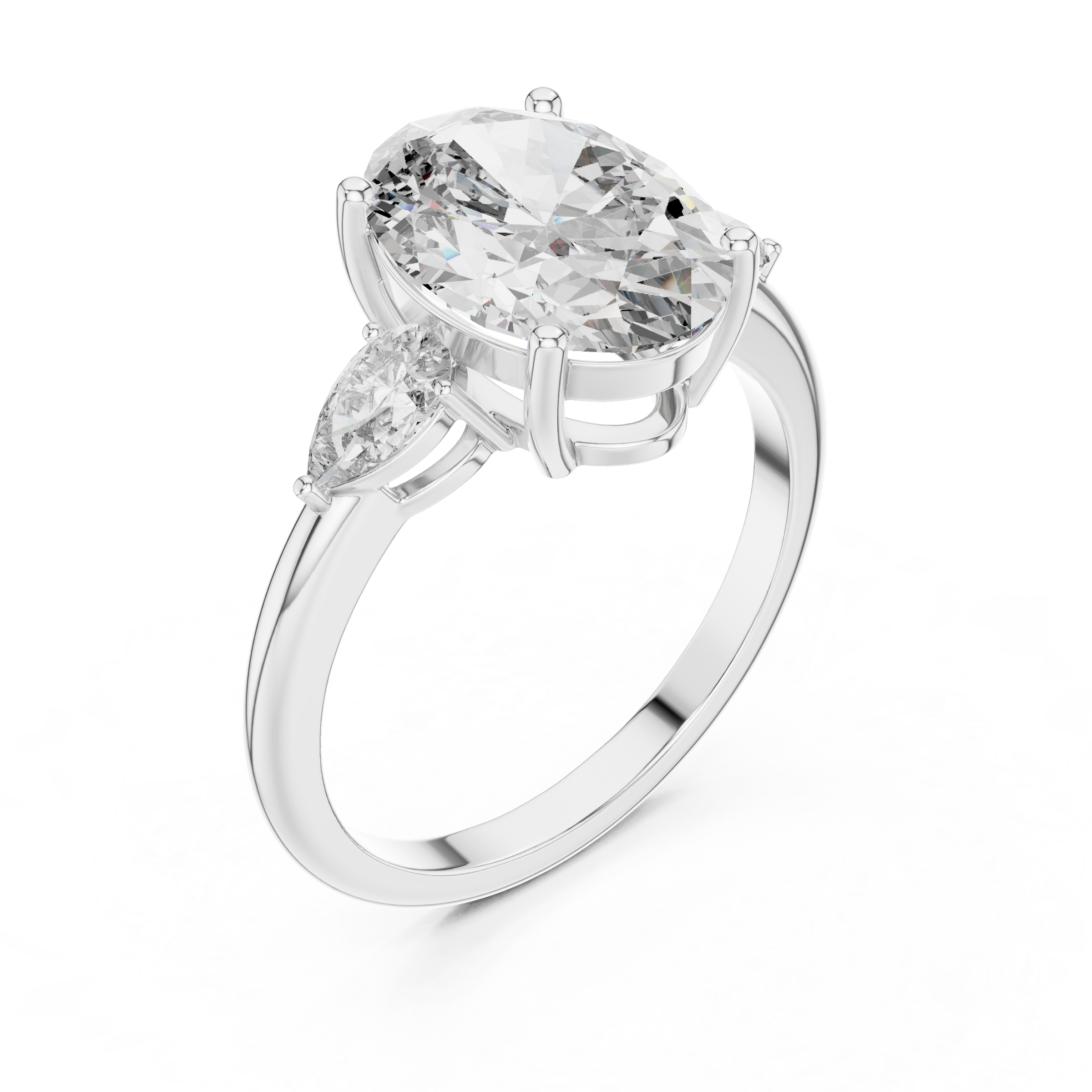1–5 Carat Oval Cut Lab-Grown Diamond Solitaire Trilogy Ring in 18K Gold – Pear Side Stones