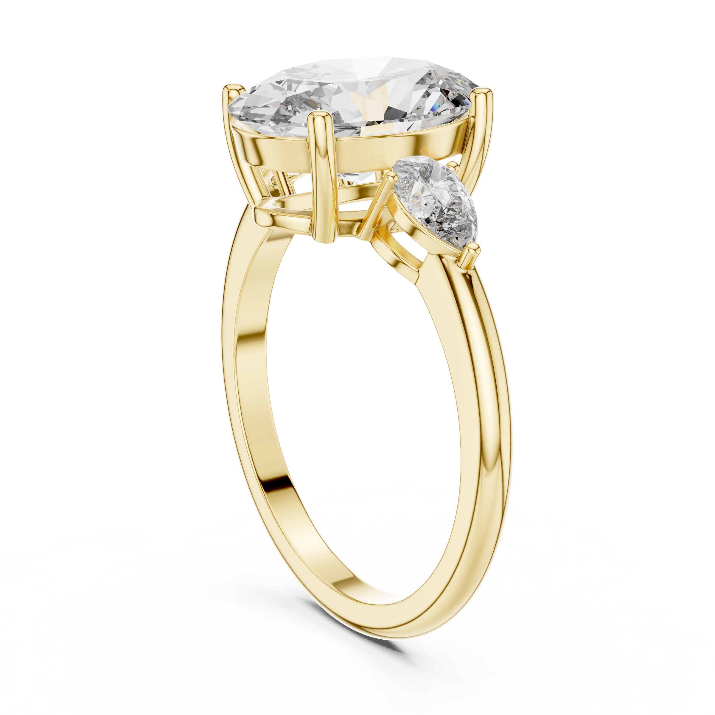 1–5 Carat Oval Cut Lab-Grown Diamond Solitaire Trilogy Ring in 18K Gold – Pear Side Stones