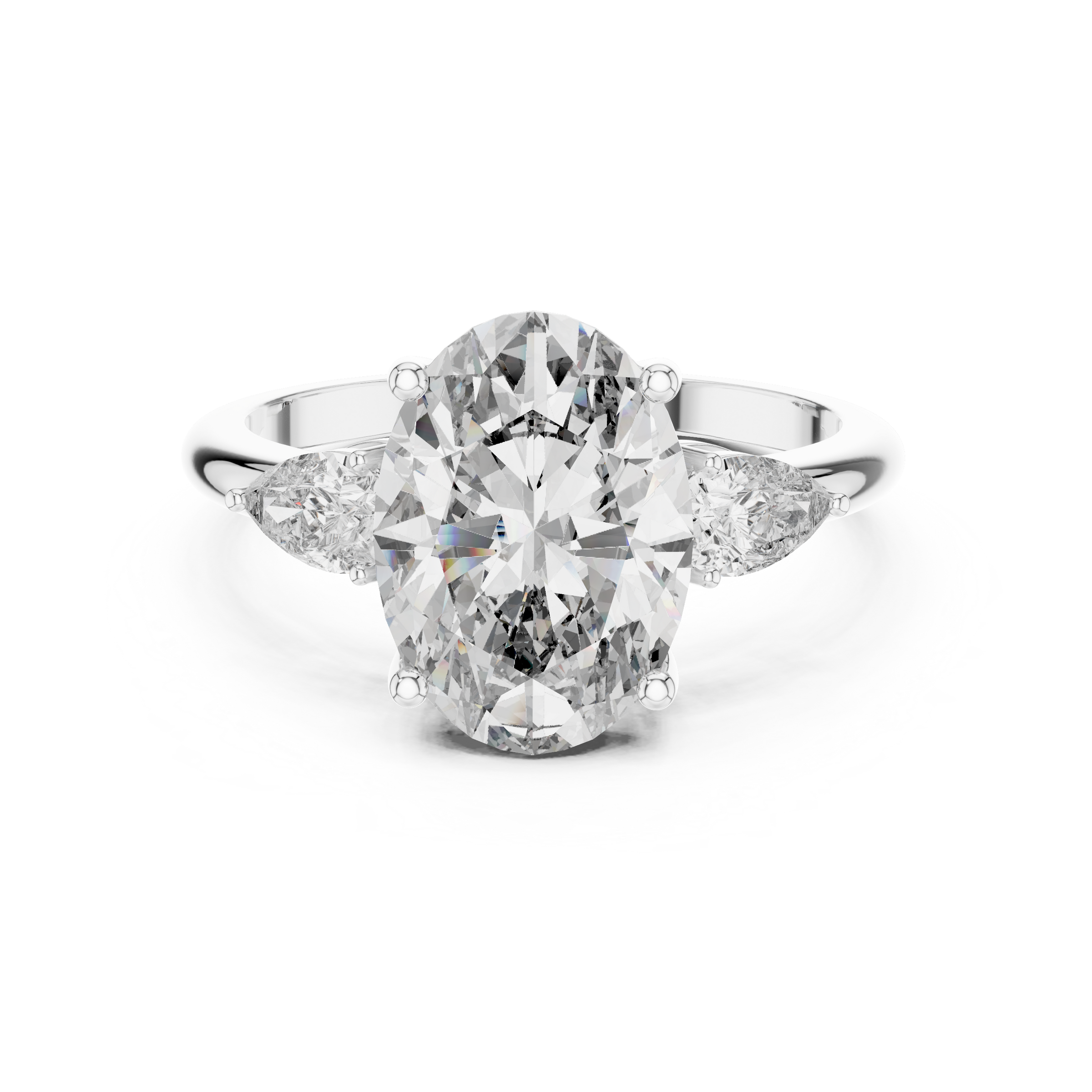 1–5 Carat Oval Cut Lab-Grown Diamond Solitaire Trilogy Ring in 18K Gold – Pear Side Stones