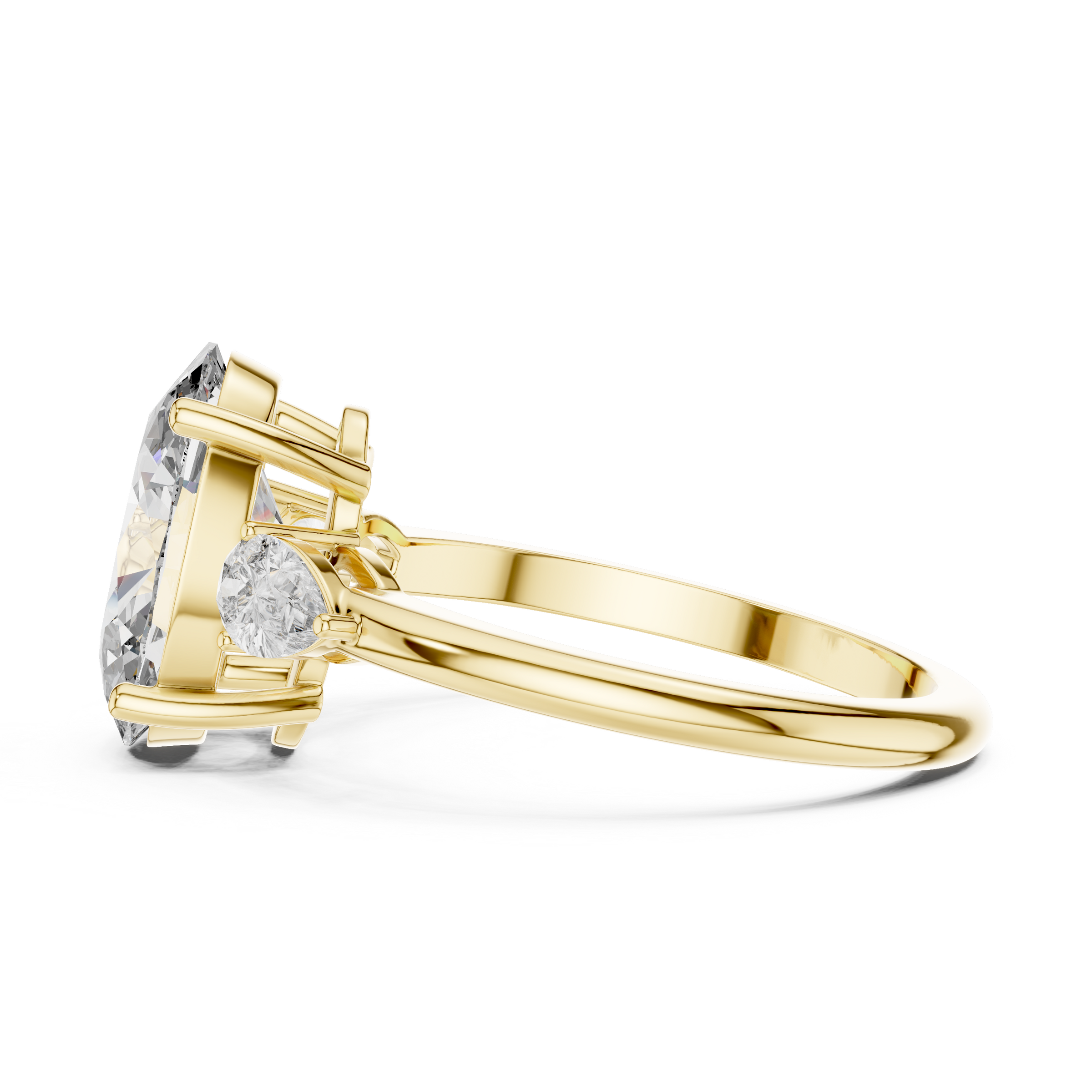 1–5 Carat Oval Cut Lab-Grown Diamond Solitaire Trilogy Ring in 18K Gold – Pear Side Stones