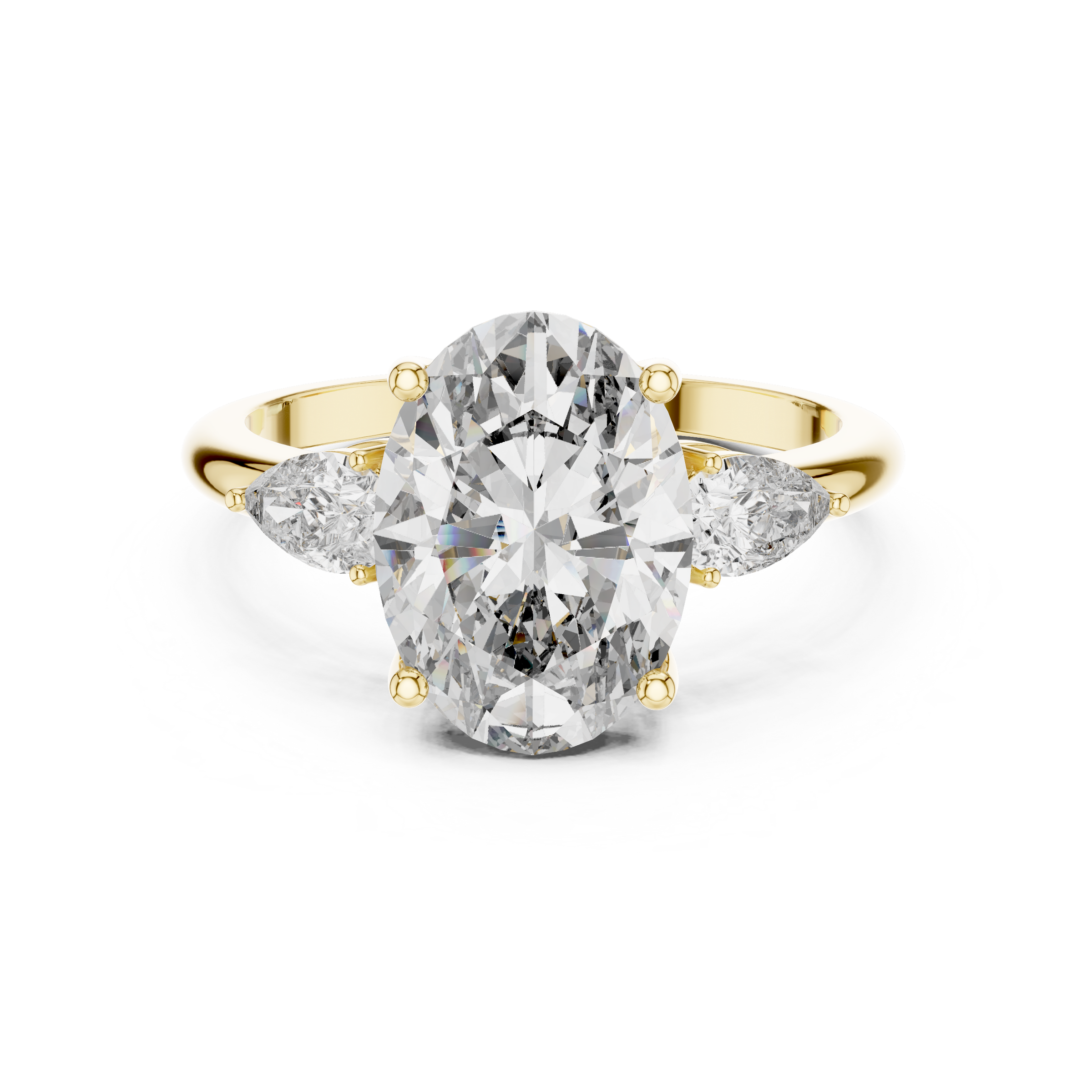 1–5 Carat Oval Cut Lab-Grown Diamond Solitaire Trilogy Ring in 18K Gold – Pear Side Stones