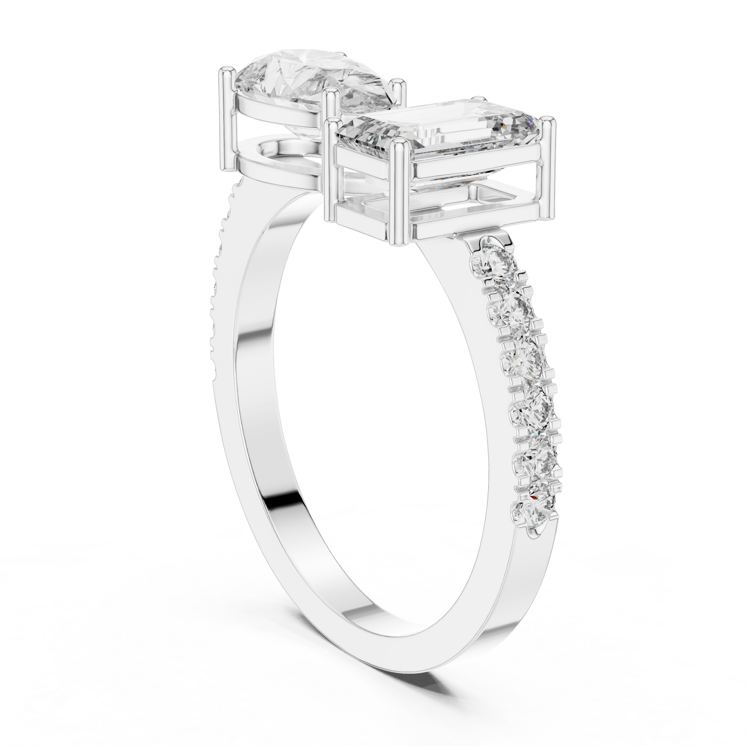 1 Carat Pear Solitaire with 1 Carat Emerald Toi et Moi Lab-Grown Diamond Ring in 18K Gold with Pave Band