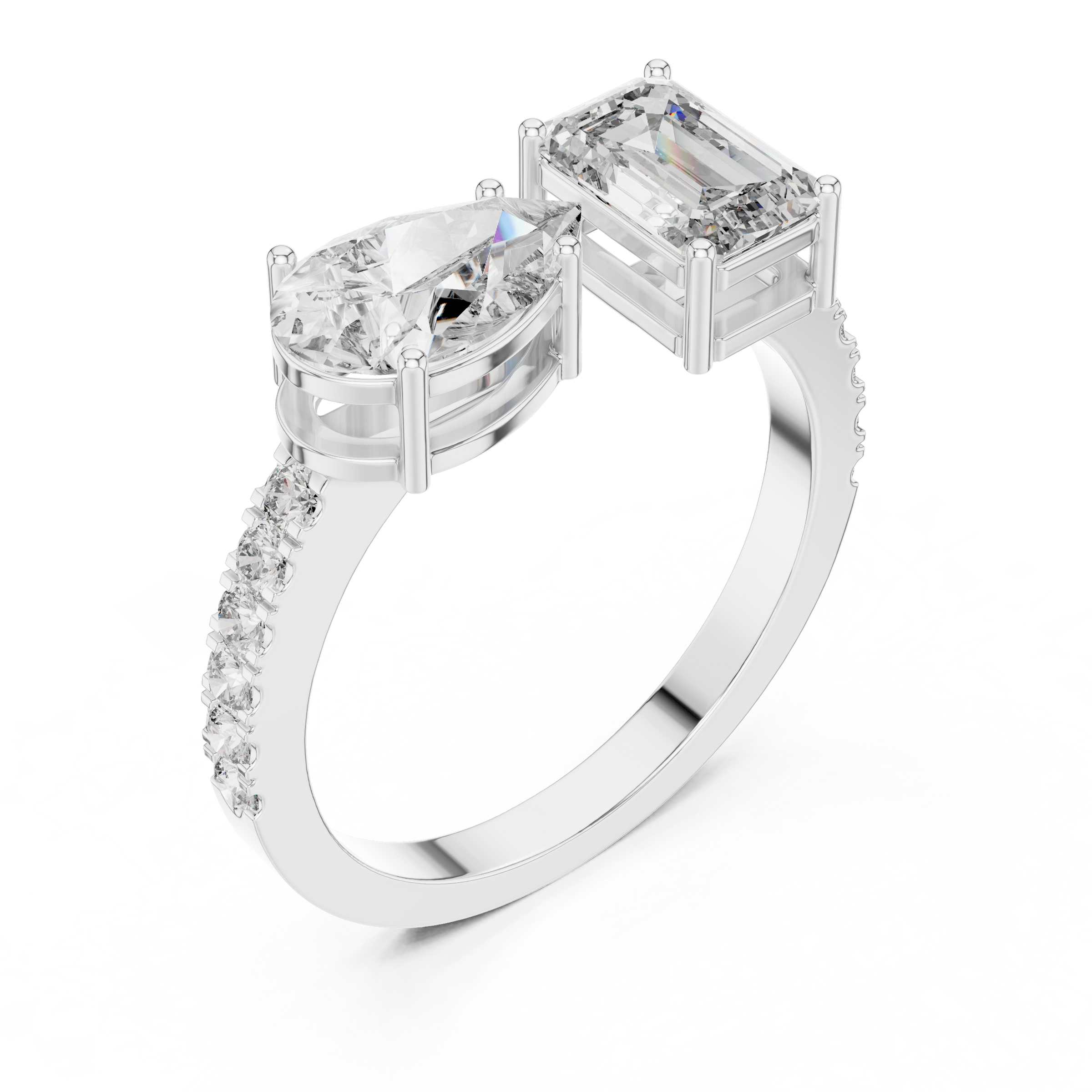 1 Carat Pear Solitaire with 1 Carat Emerald Toi et Moi Lab-Grown Diamond Ring in 18K Gold with Pave Band