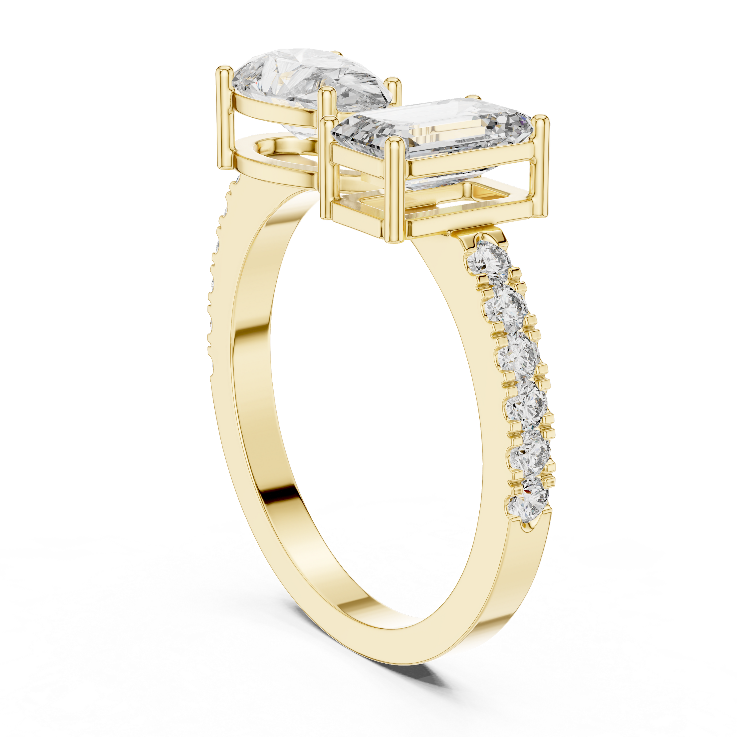 1 Carat Pear Solitaire with 1 Carat Emerald Toi et Moi Lab-Grown Diamond Ring in 18K Gold with Pave Band