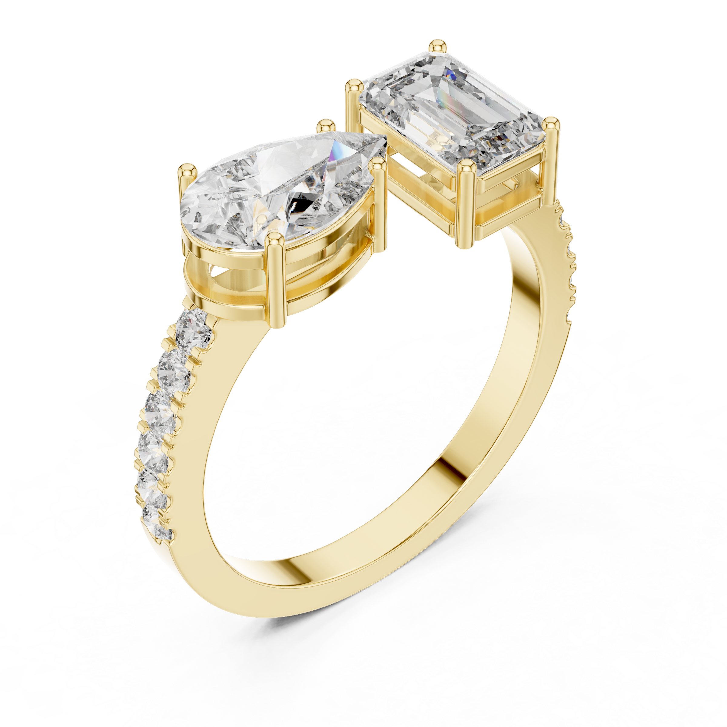 1 Carat Pear Solitaire with 1 Carat Emerald Toi et Moi Lab-Grown Diamond Ring in 18K Gold with Pave Band