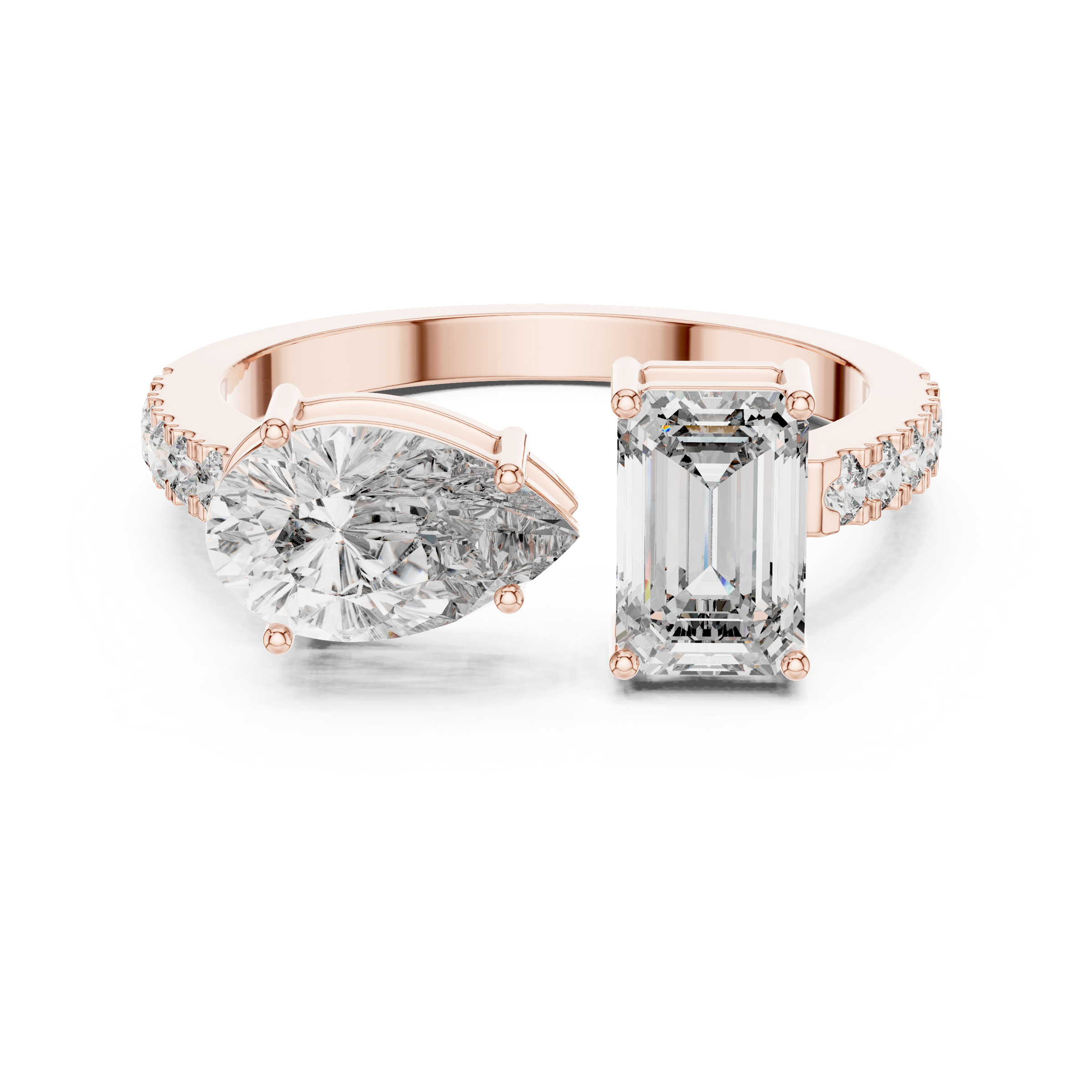 1 Carat Pear Solitaire with 1 Carat Emerald Toi et Moi Lab-Grown Diamond Ring in 18K Gold with Pave Band
