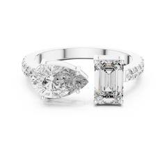 1 Carat Pear Solitaire with 1 Carat Emerald Toi et Moi Lab-Grown Diamond Ring in 18K Gold with Pave Band