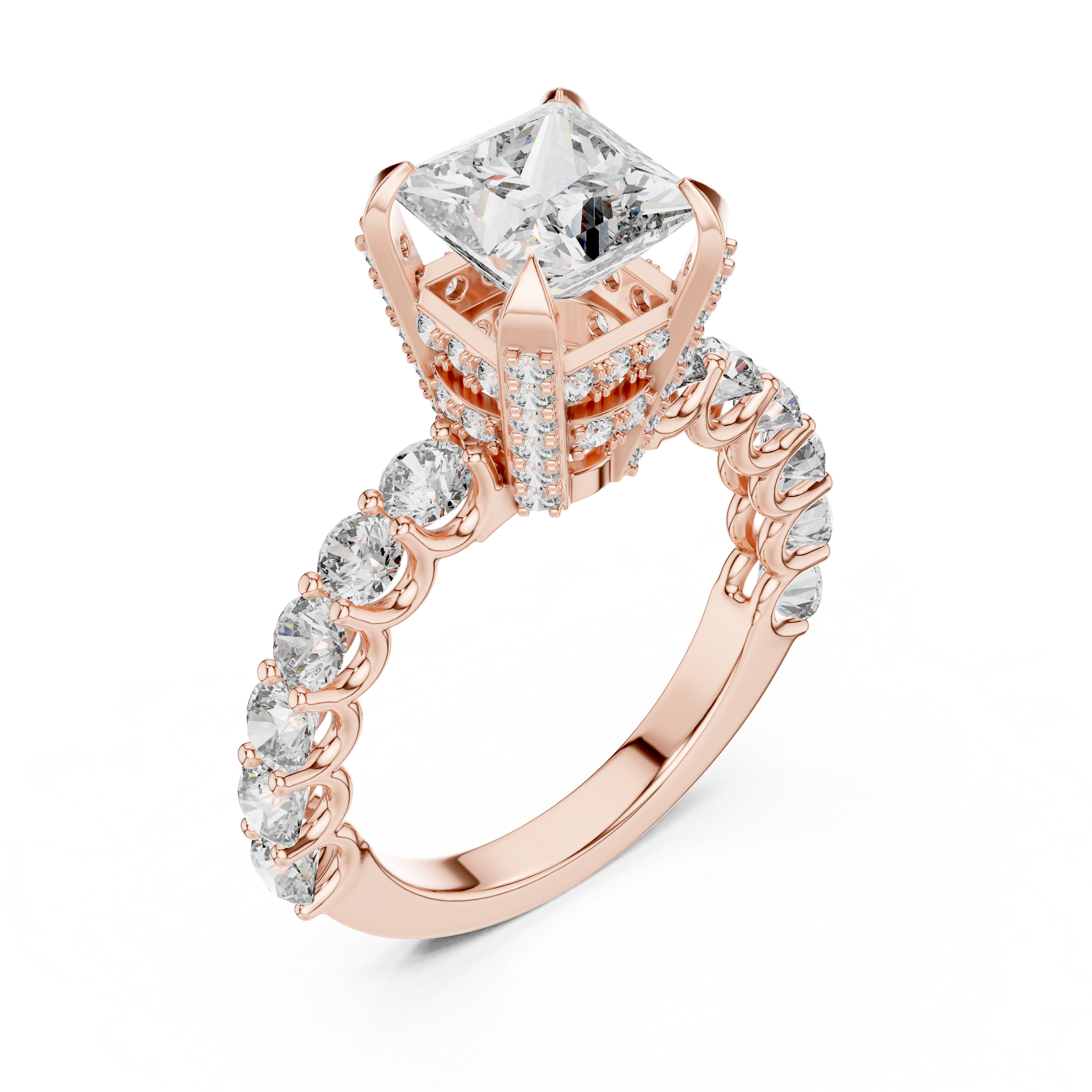 1–5 Carat Princess And Round Brilliant Lab-Grown Diamond Ring with Double Halo & Pave Band in 18K Gold
