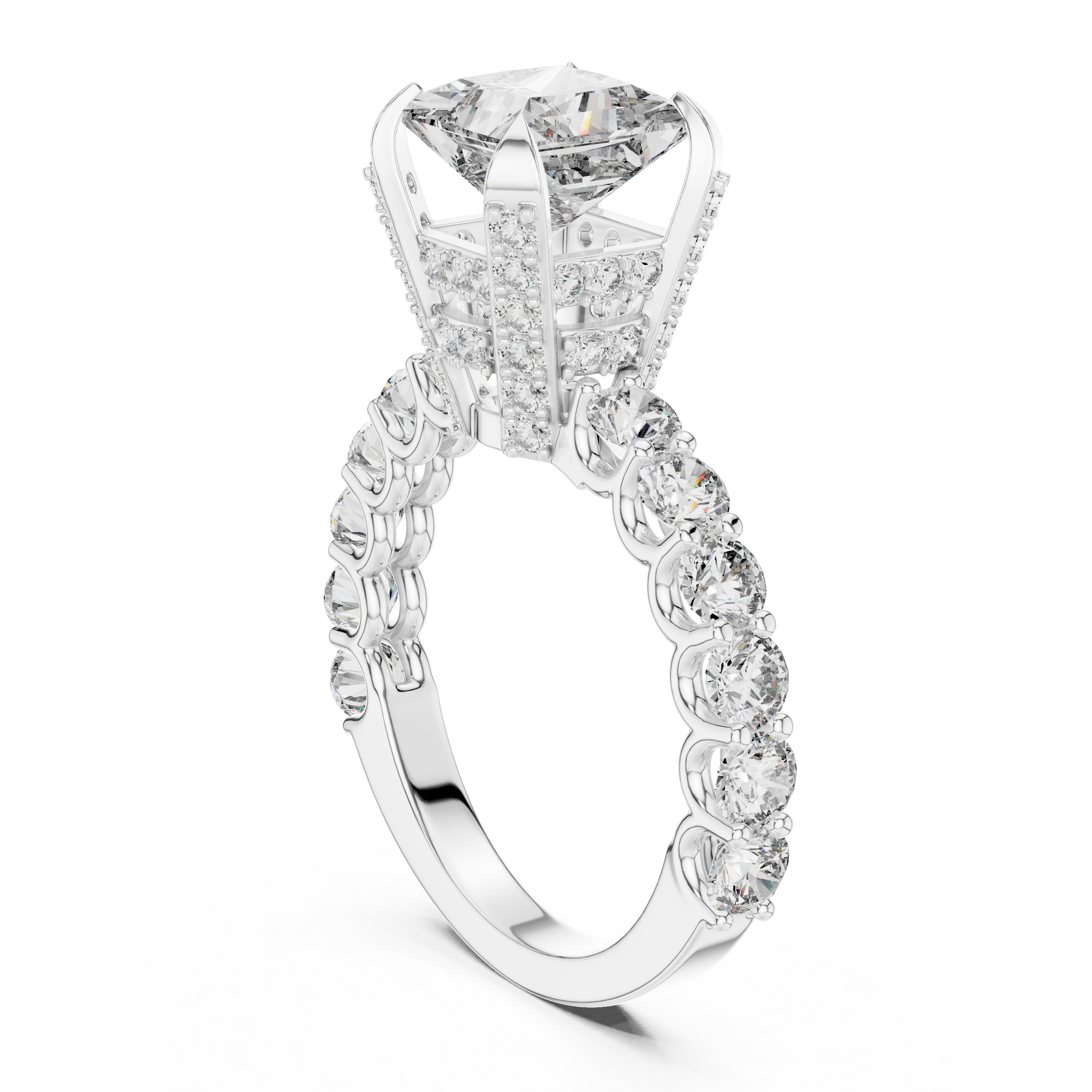 1–5 Carat Princess And Round Brilliant Lab-Grown Diamond Ring with Double Halo & Pave Band in 18K Gold
