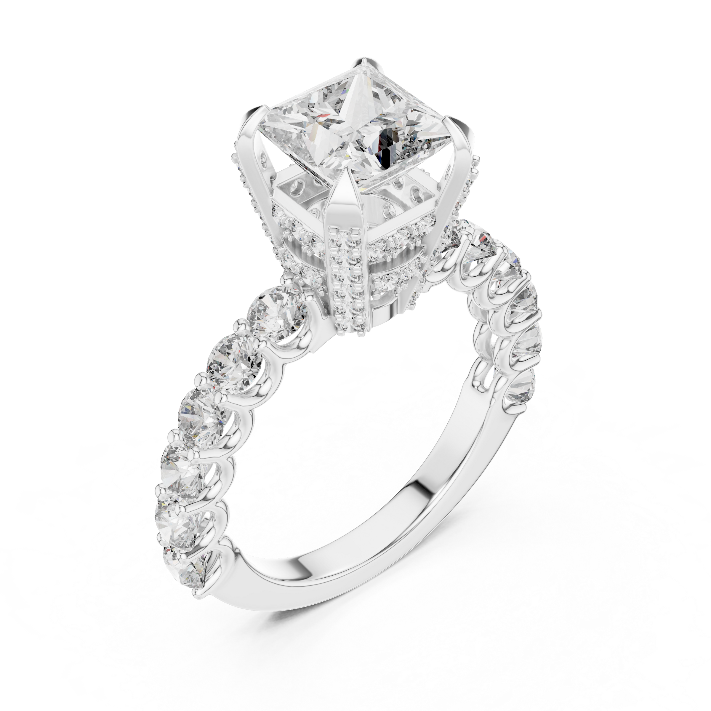 1–5 Carat Princess And Round Brilliant Lab-Grown Diamond Ring with Double Halo & Pave Band in 18K Gold