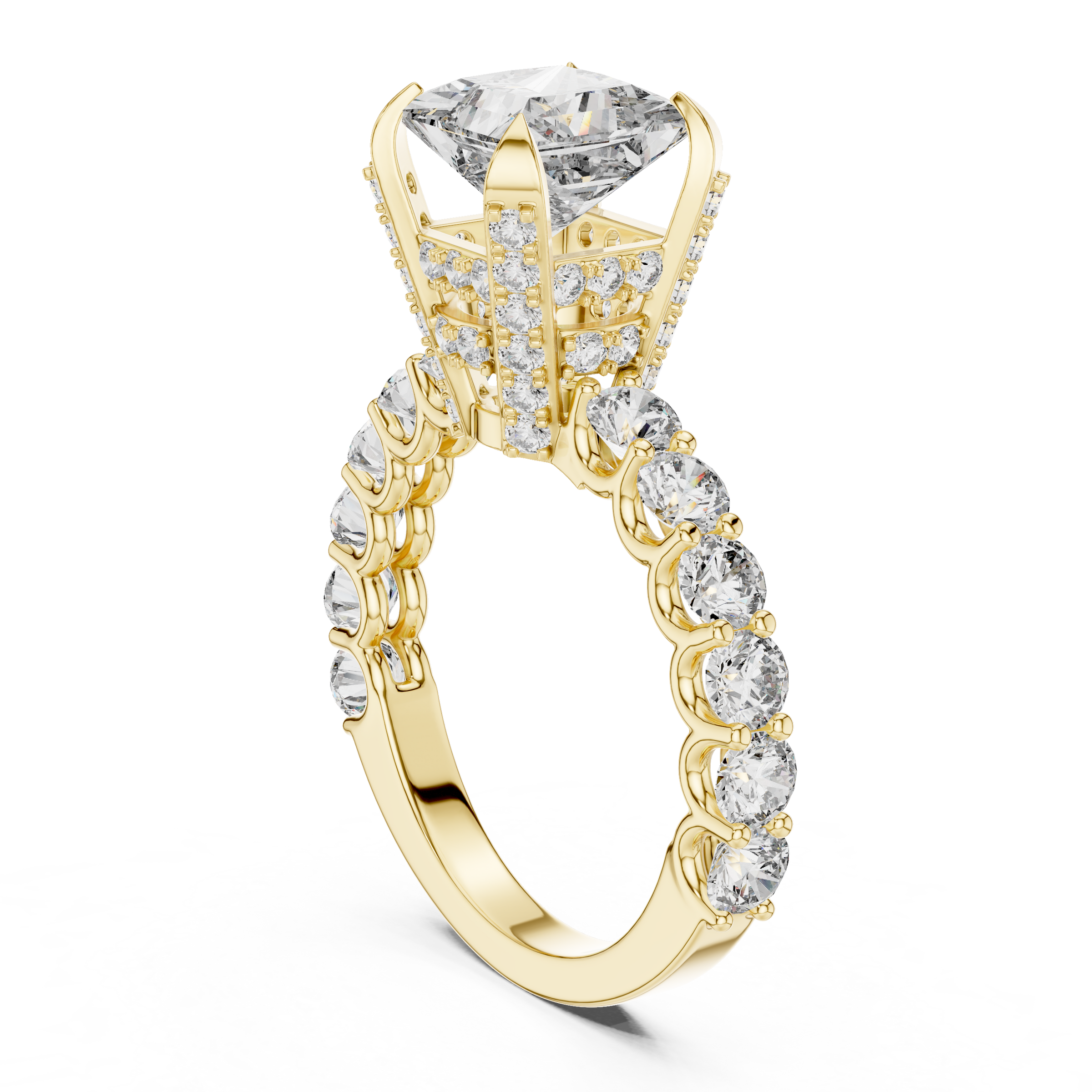 1–5 Carat Princess And Round Brilliant Lab-Grown Diamond Ring with Double Halo & Pave Band in 18K Gold