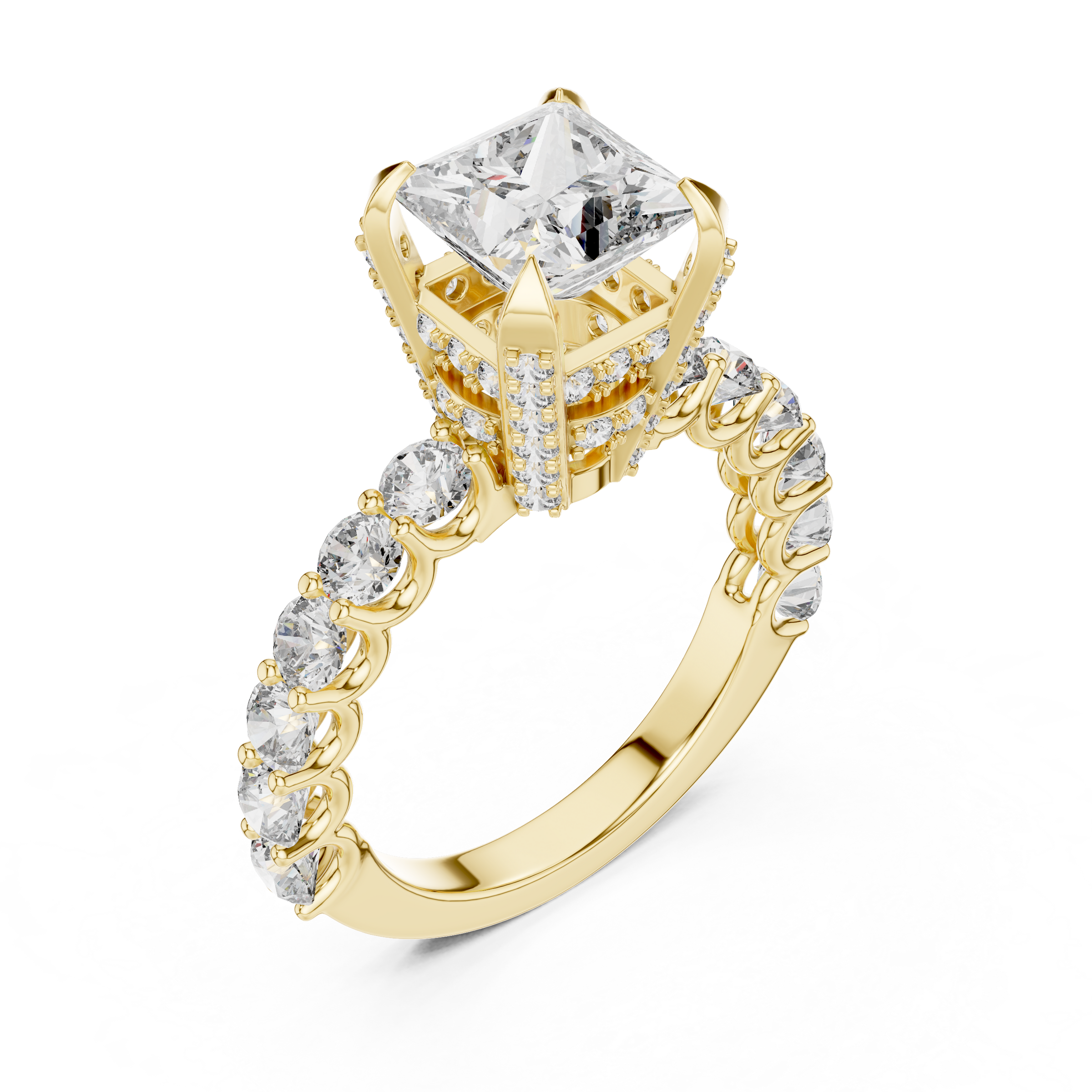 1–5 Carat Princess And Round Brilliant Lab-Grown Diamond Ring with Double Halo & Pave Band in 18K Gold