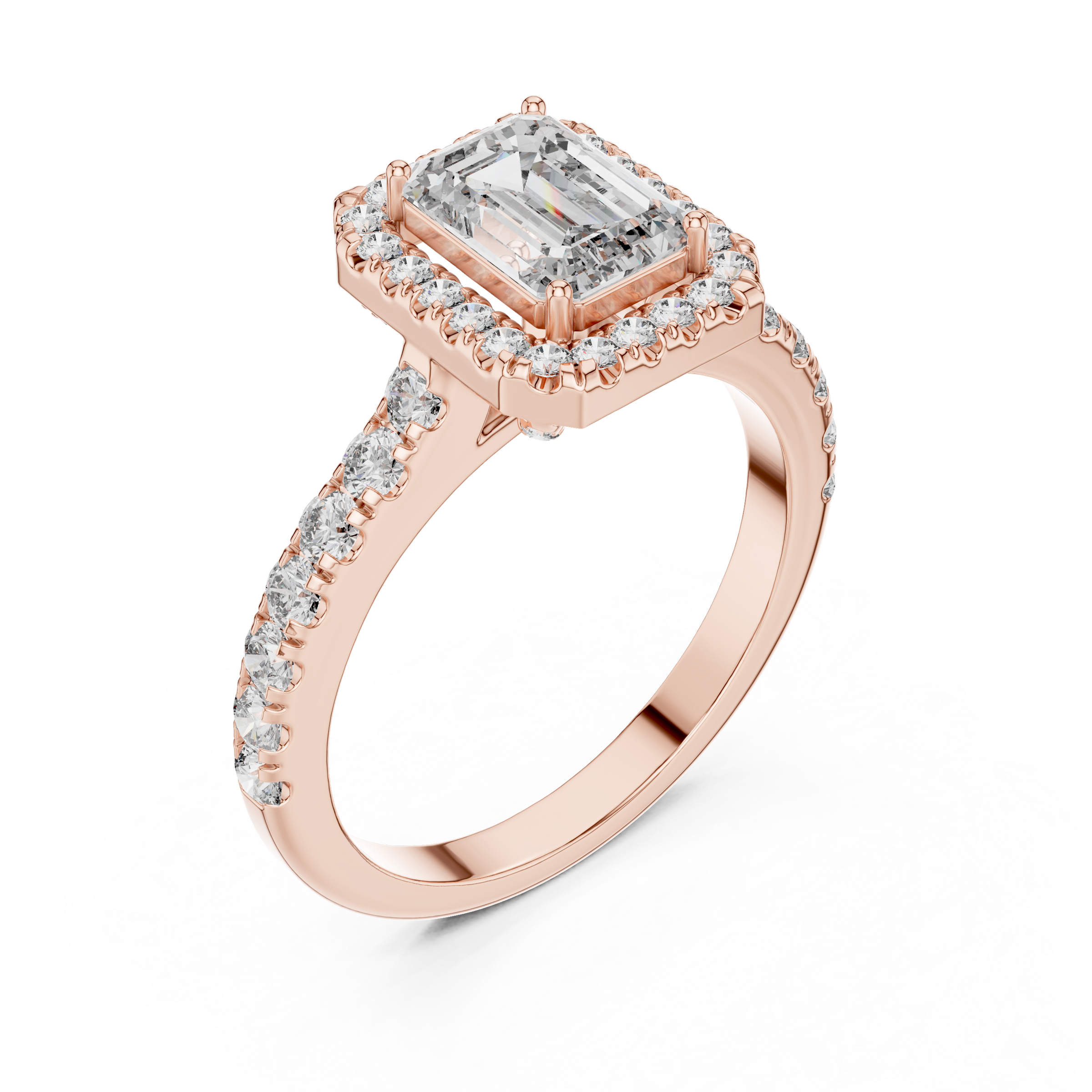 1–3 Carat Emerald Cut Lab-Grown Diamond Halo Engagement Ring – Pave Band in 18K Gold