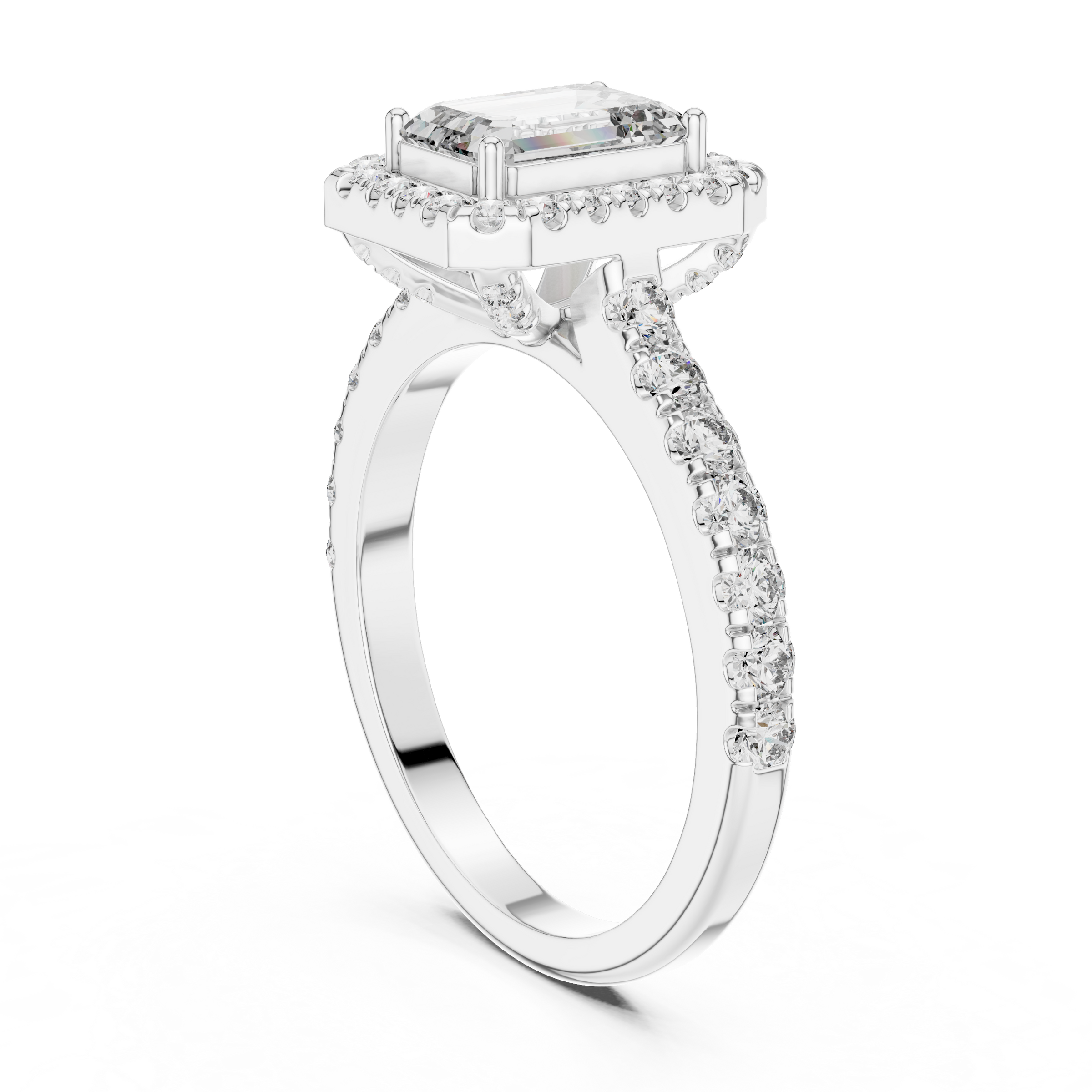1–3 Carat Emerald Cut Lab-Grown Diamond Halo Engagement Ring – Pave Band in 18K Gold