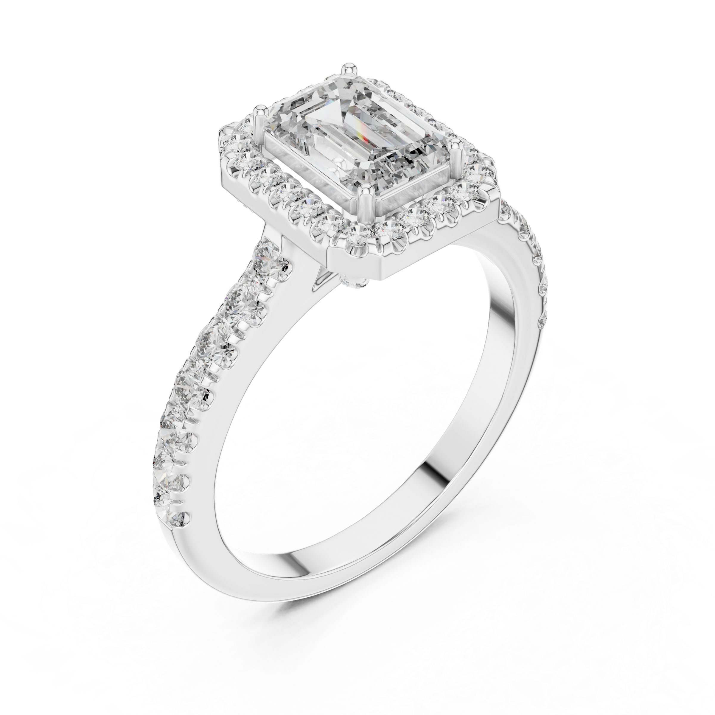 1–3 Carat Emerald Cut Lab-Grown Diamond Halo Engagement Ring – Pave Band in 18K Gold