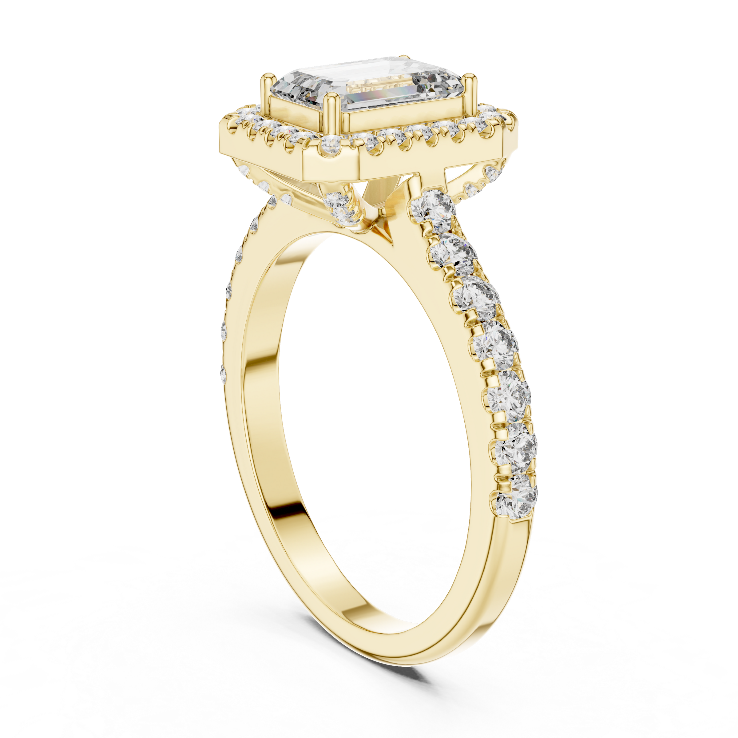 1–3 Carat Emerald Cut Lab-Grown Diamond Halo Engagement Ring – Pave Band in 18K Gold