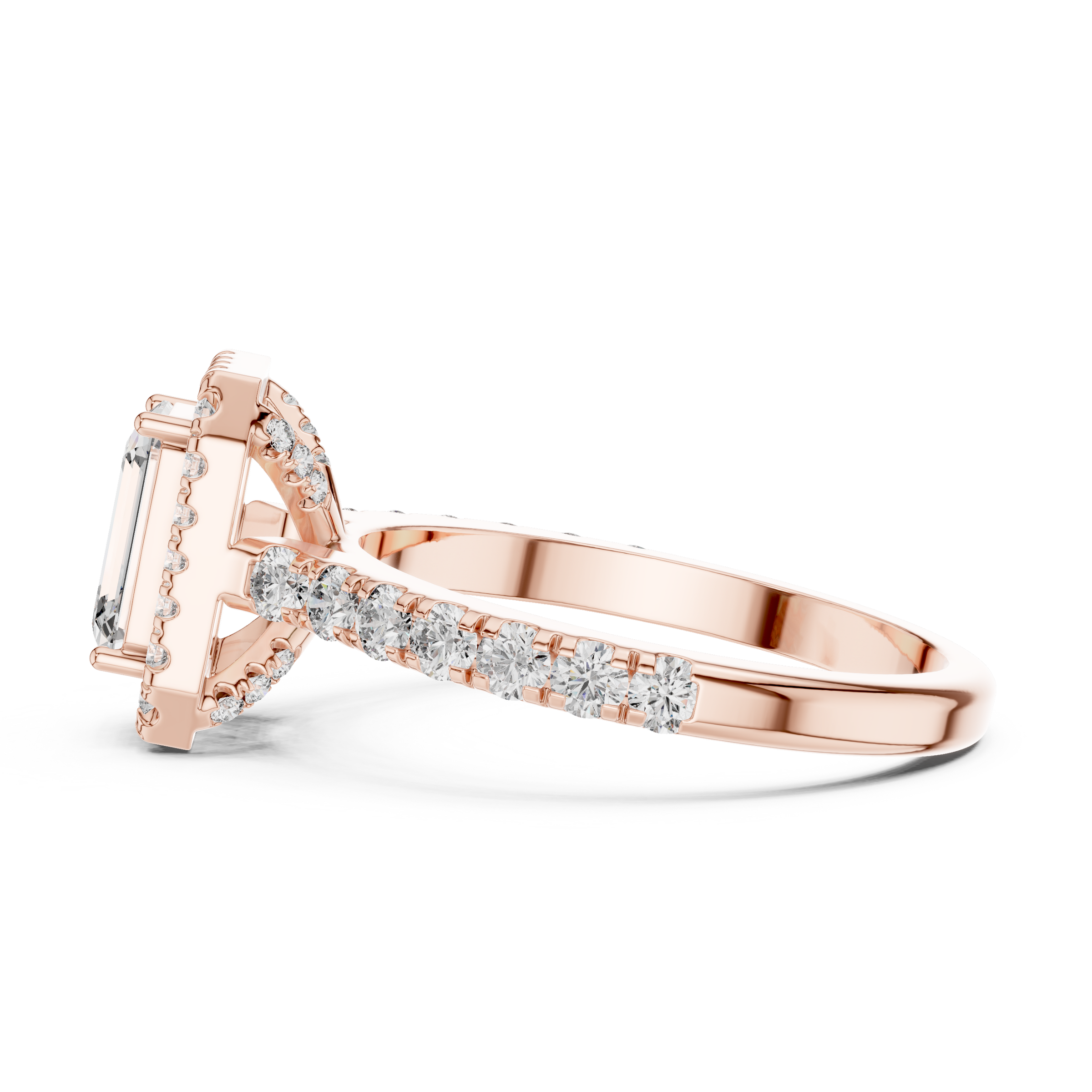 1–3 Carat Emerald Cut Lab-Grown Diamond Halo Engagement Ring – Pave Band in 18K Gold