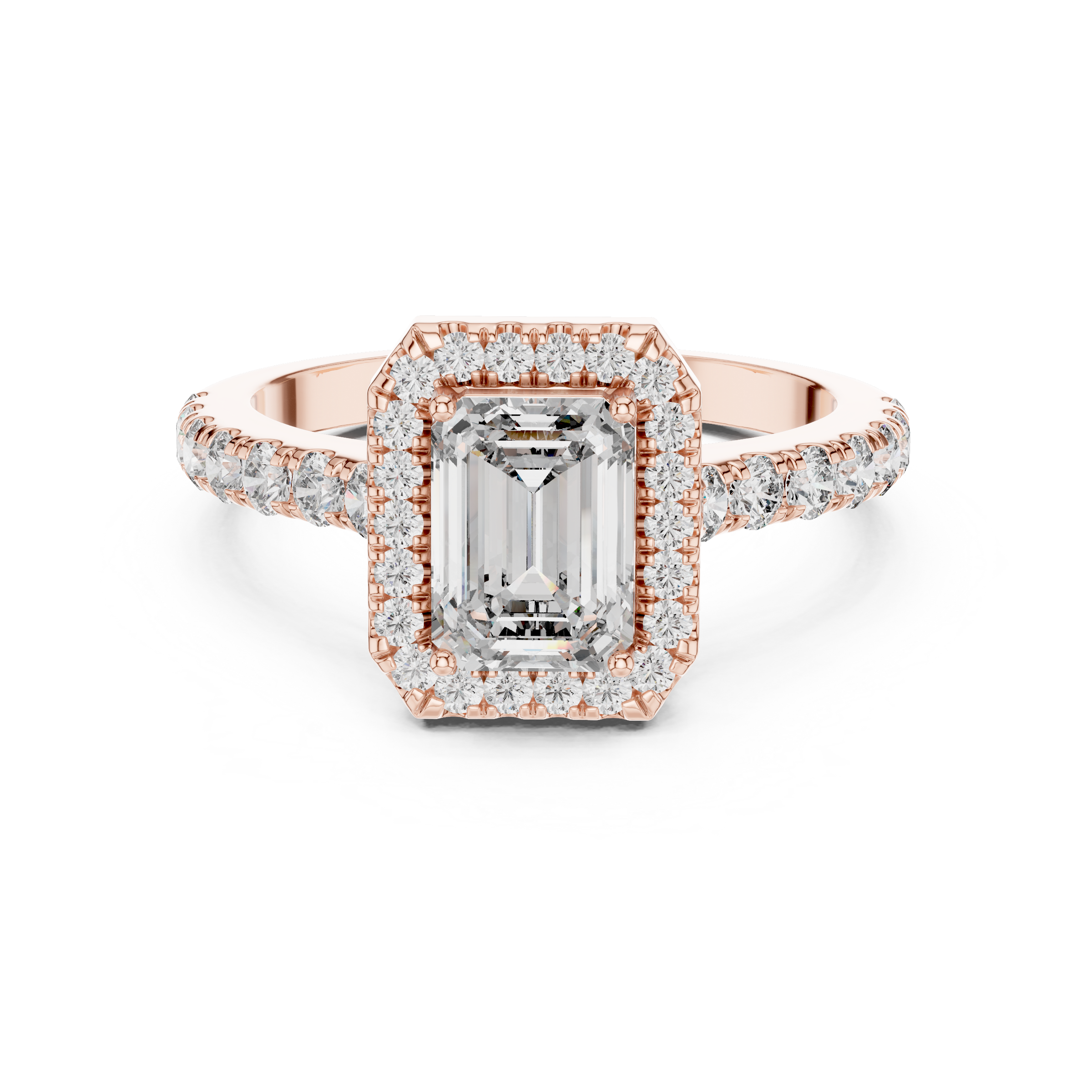 1–3 Carat Emerald Cut Lab-Grown Diamond Halo Engagement Ring – Pave Band in 18K Gold